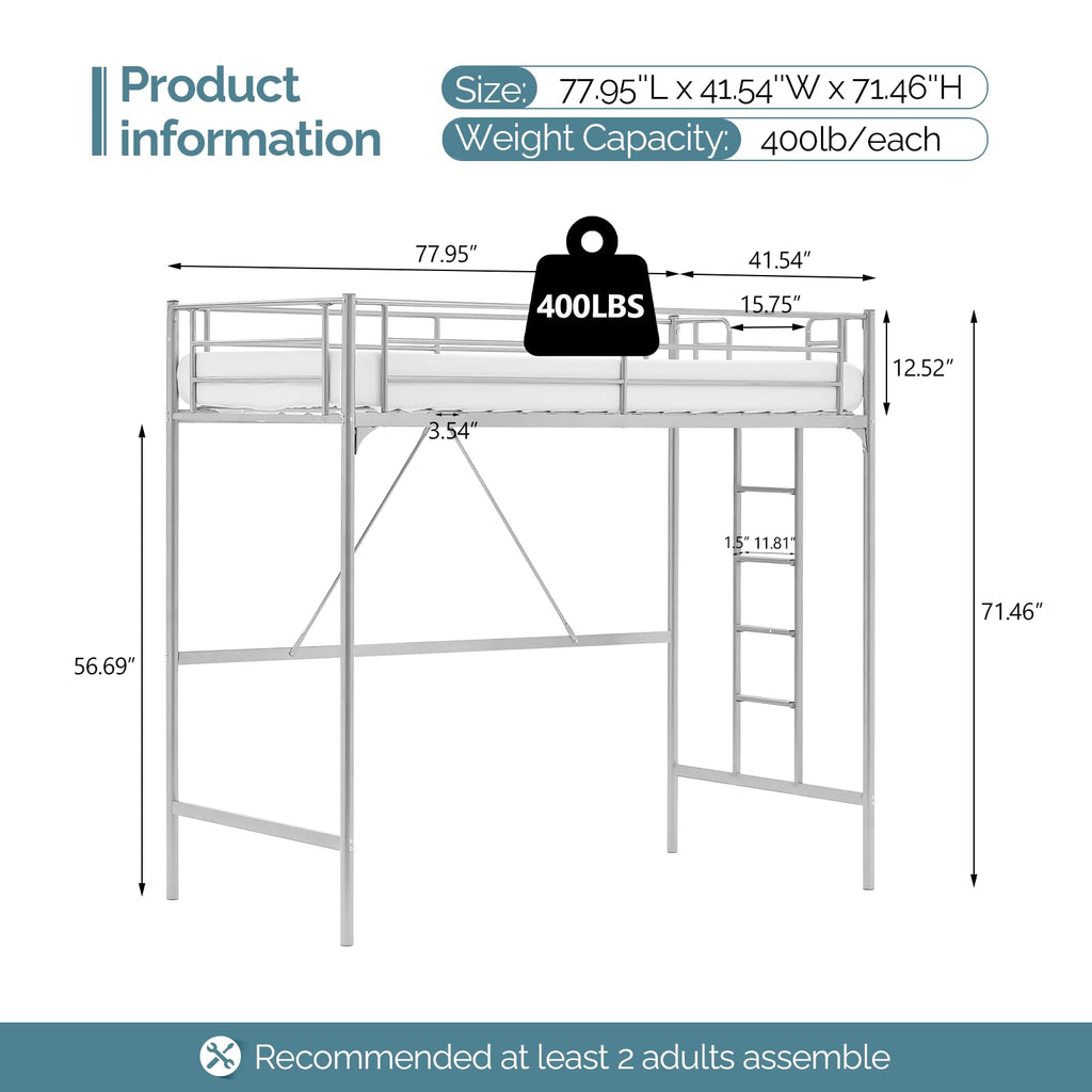71 Inches Tall Twin Size Metal Loft Bed with Ladder and Safety Guard Rails, Gray I3849