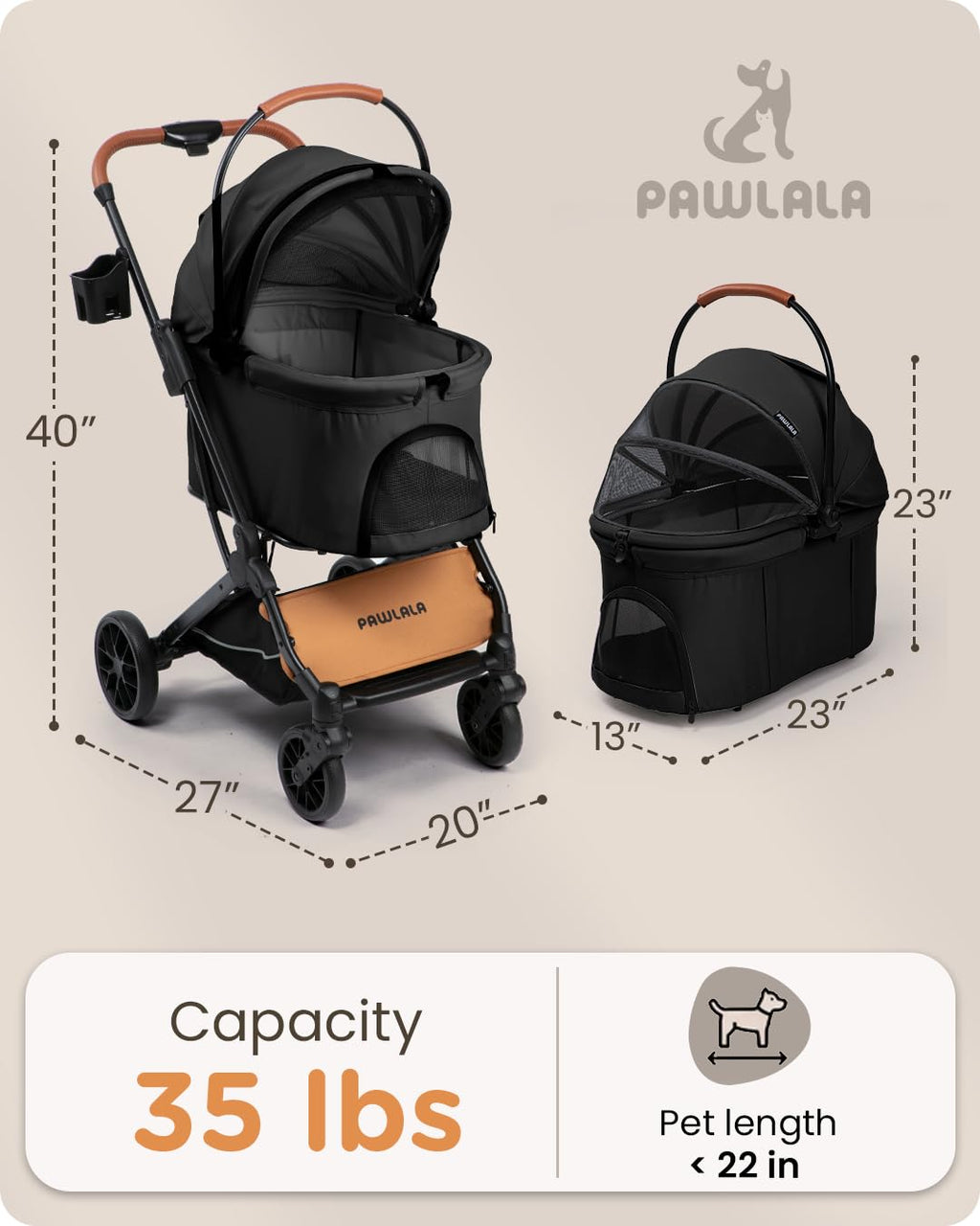Foldable Pet Stroller with Detachable Carrier, Midnight Black D2450