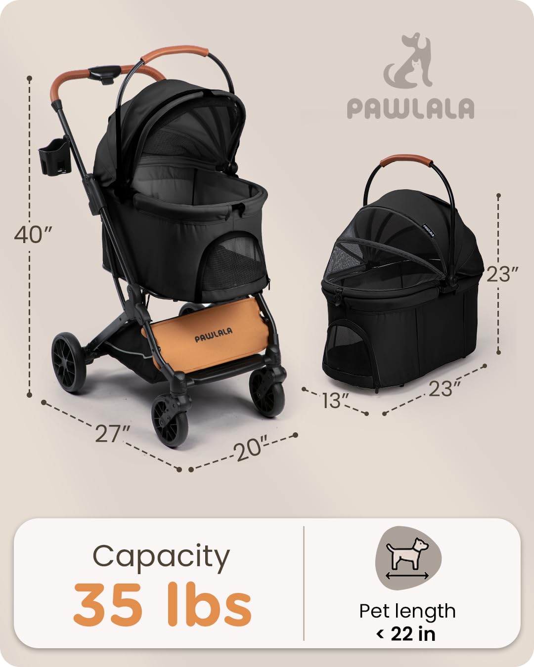 Foldable Pet Stroller with Detachable Carrier, Midnight Black D2450