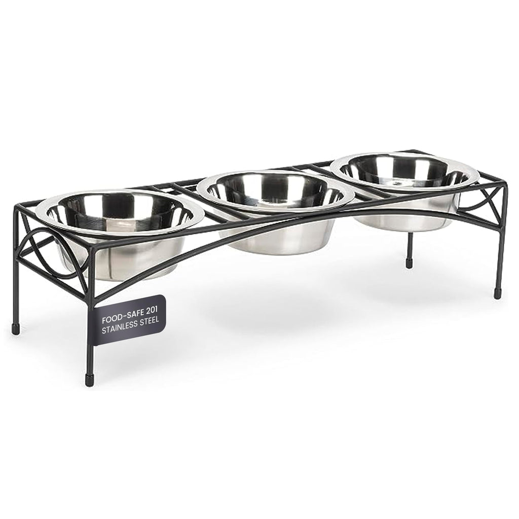 Black Triple Bowl Dog and Cat Feeder Stand with 3-2 Qt Stainless Bowls X80387