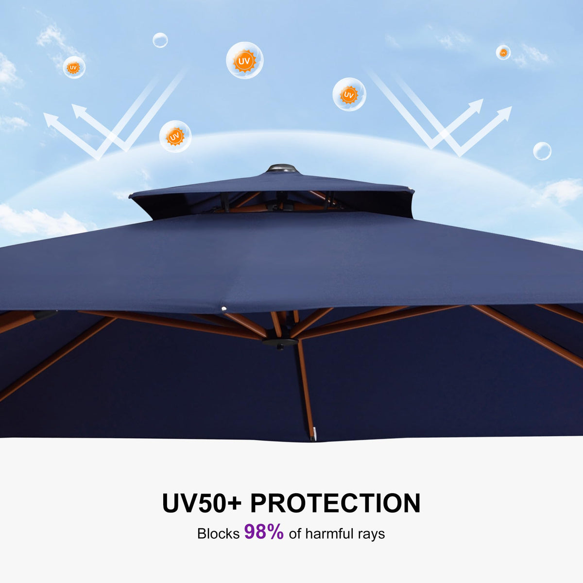 10ft Double Top Wood-Grain Finish Navy Blue Patio Umbrella U583