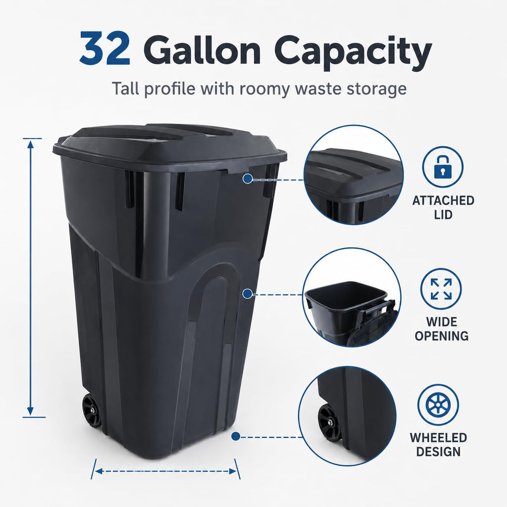 32-Gallon Heavy-Duty Wheeled Trash Can with Click-Lock Lid S1264