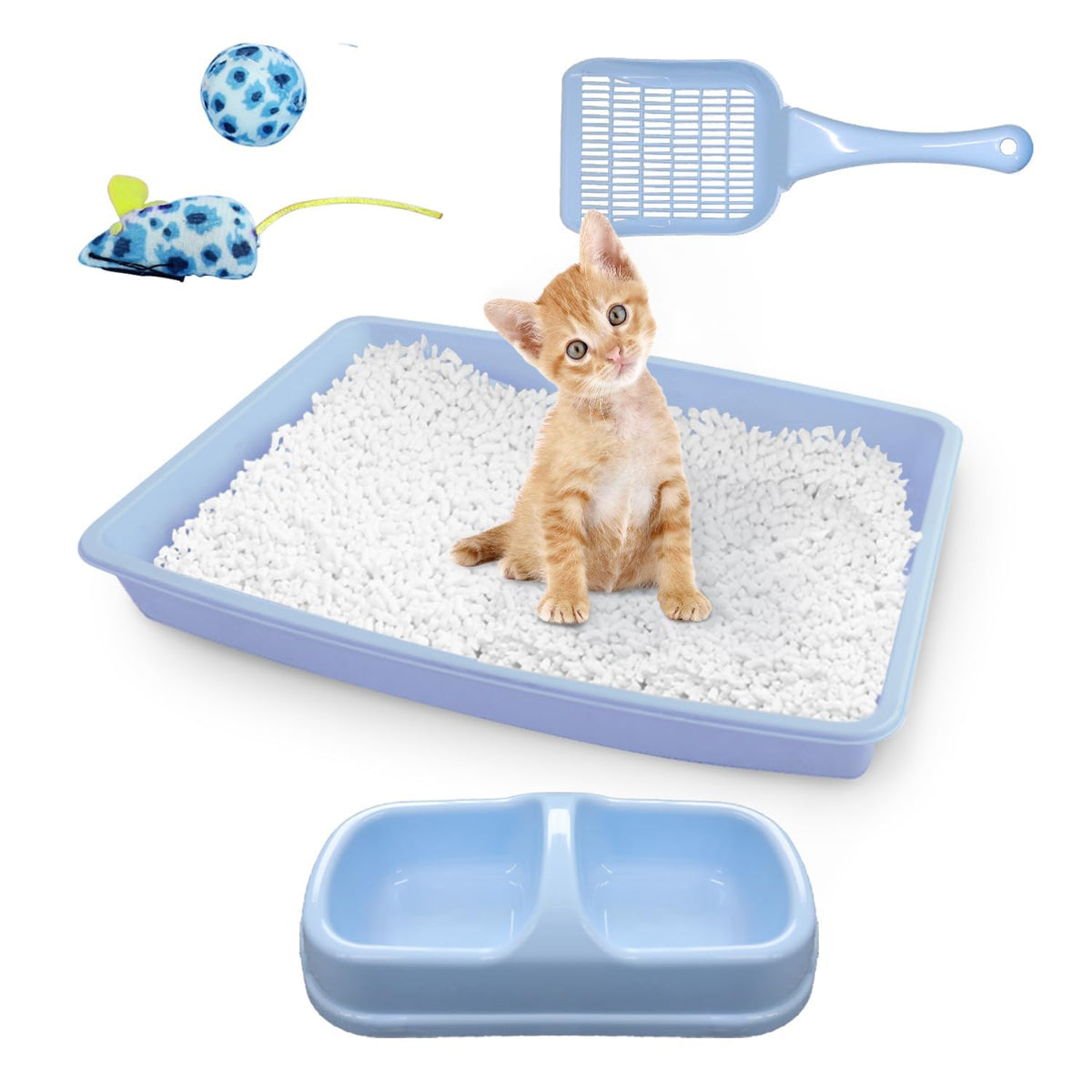 Cat Litter Box Set with Litter Scoop, Double Dish Cat Bowl, Mouse and Ball Toy X17128