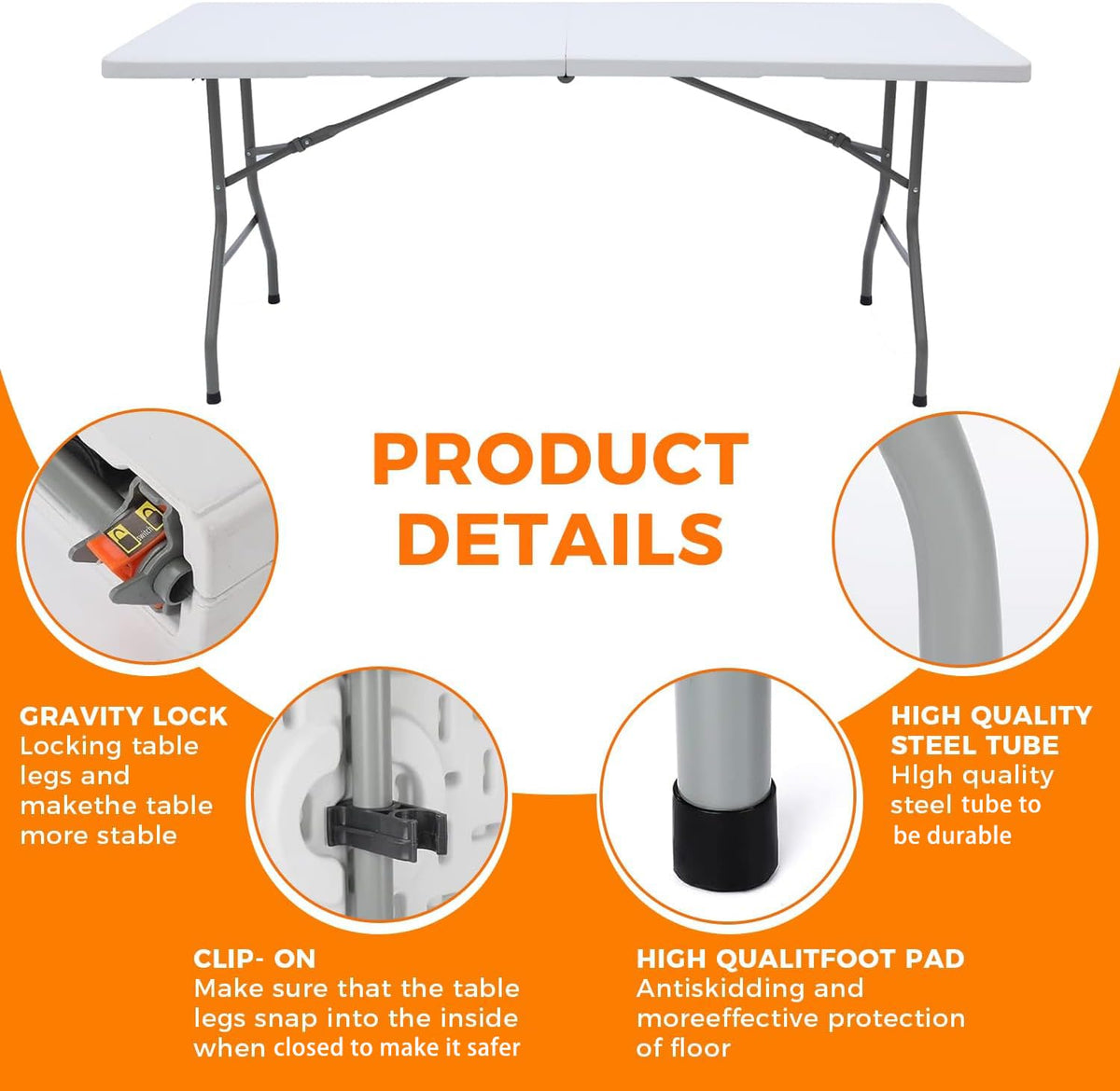 White 6FT Folding Plastic Utility Table with Steel Legs E752207
