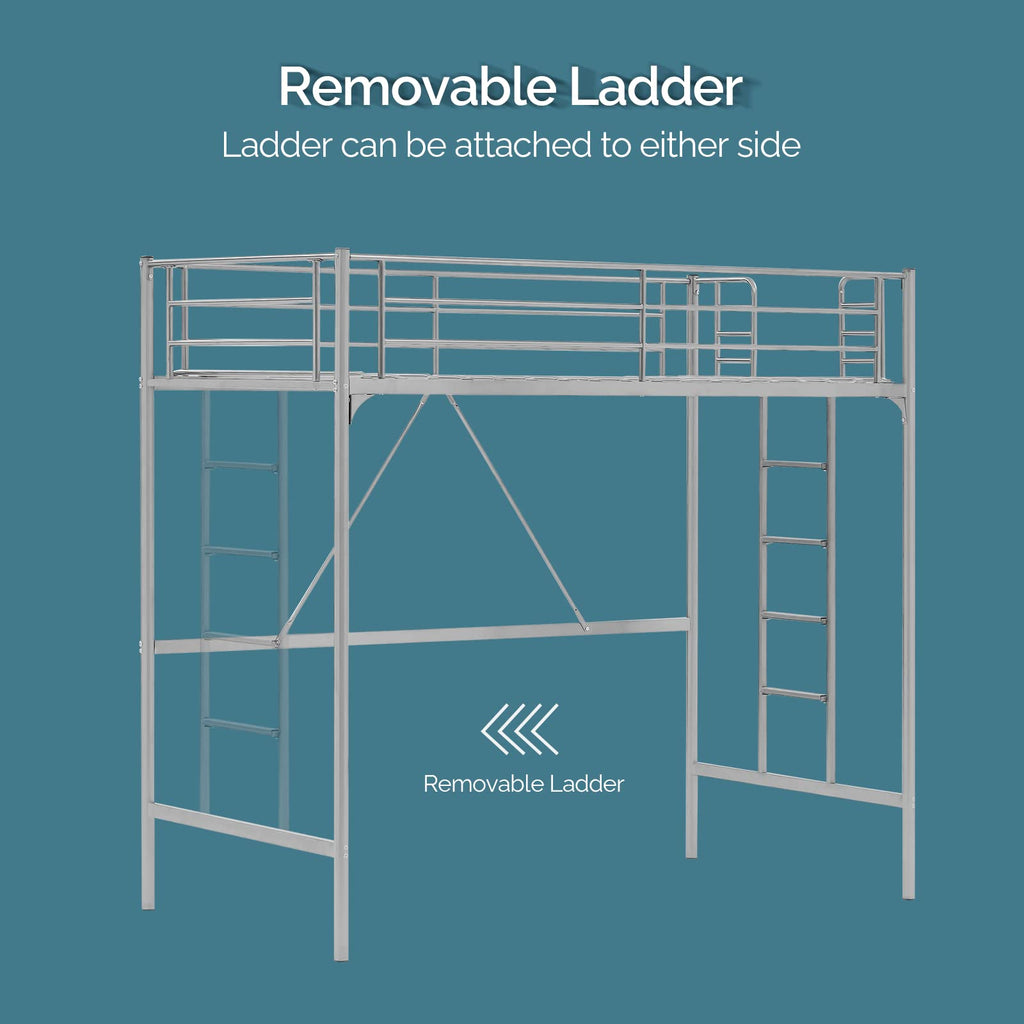 71 Inches Tall Twin Size Metal Loft Bed with Ladder and Safety Guard Rails, Gray I3849