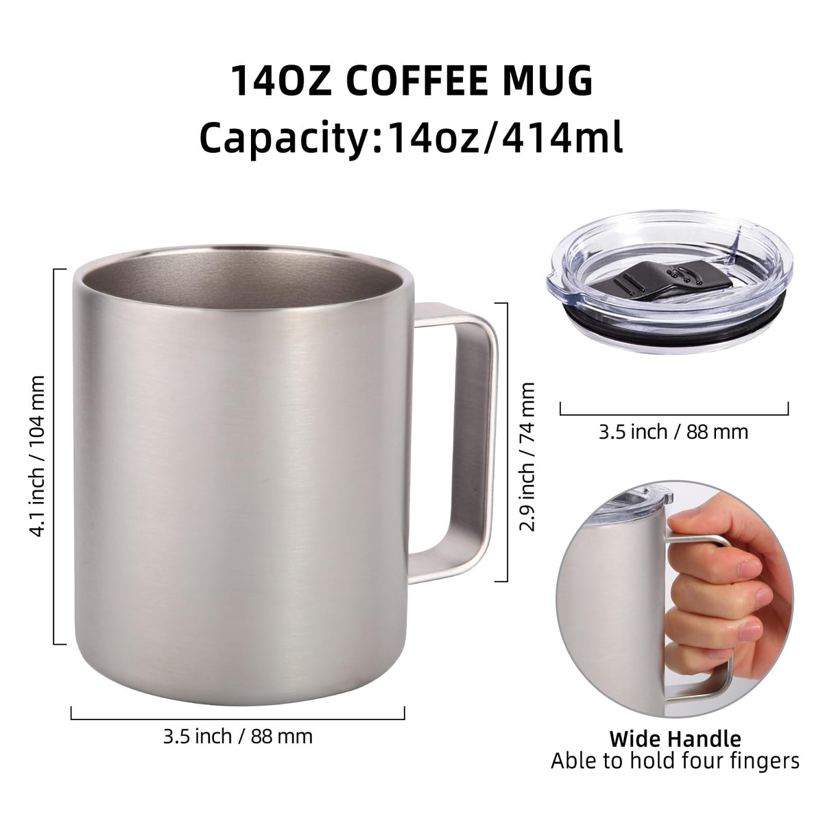 14oz Insulated Stainless Steel Coffee Mug with Lid 2 Pack I4657