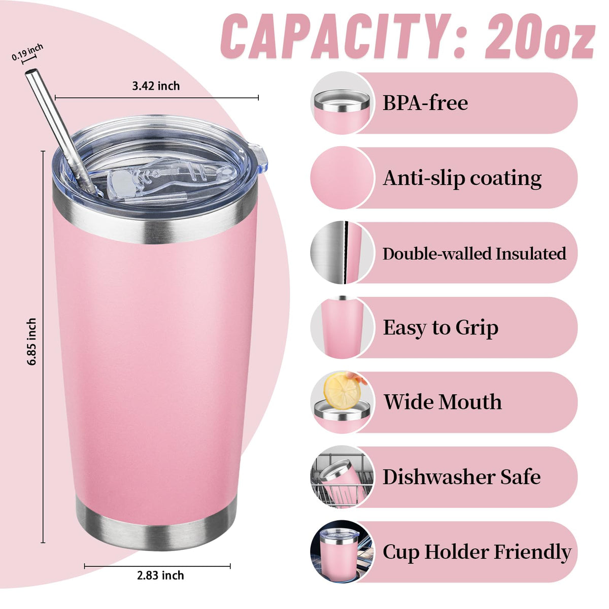 20 oz Stainless Steel Insulated Tumbler with Lids and Straws S765820