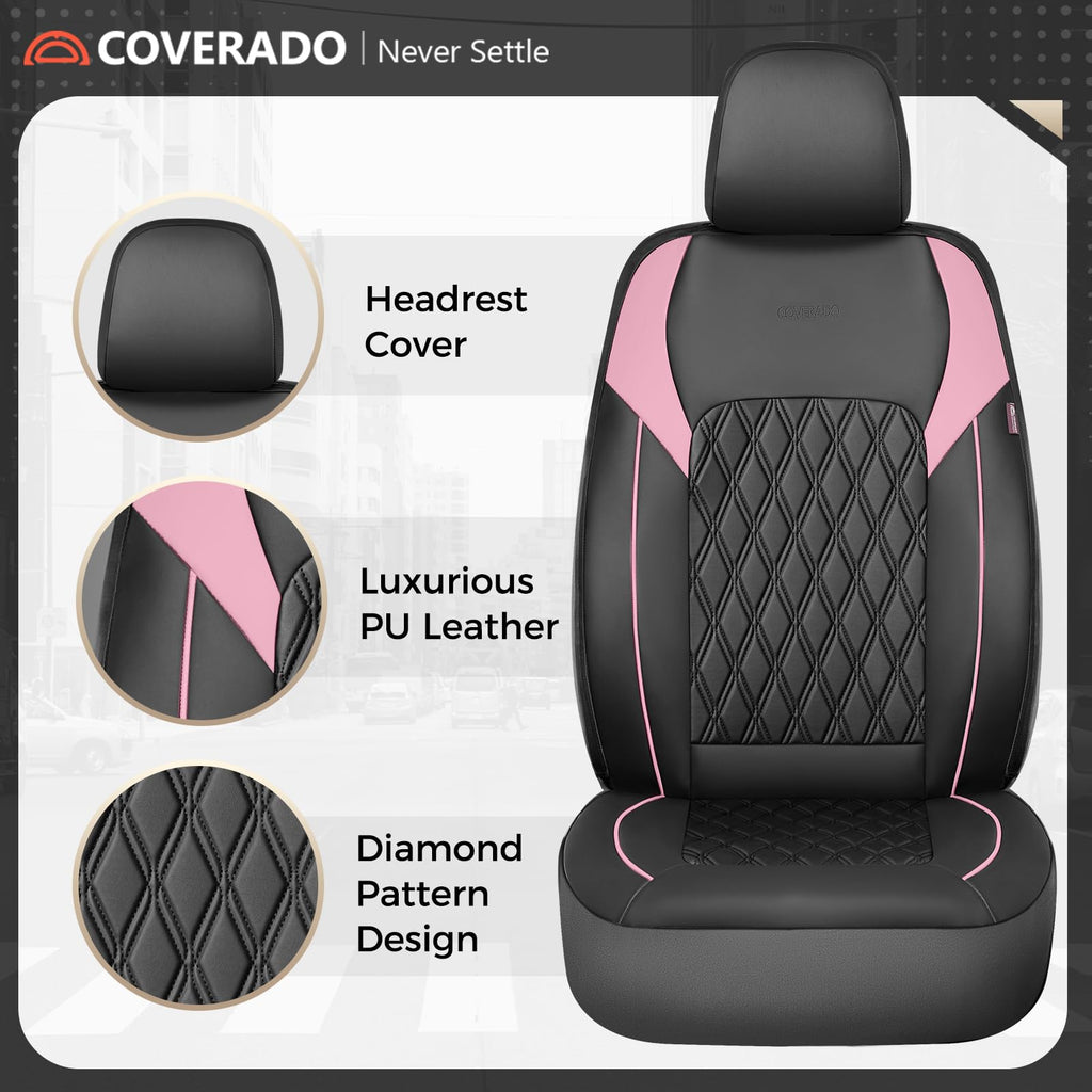 Black Pink Faux Leather Car Seat Covers Full Set L5466