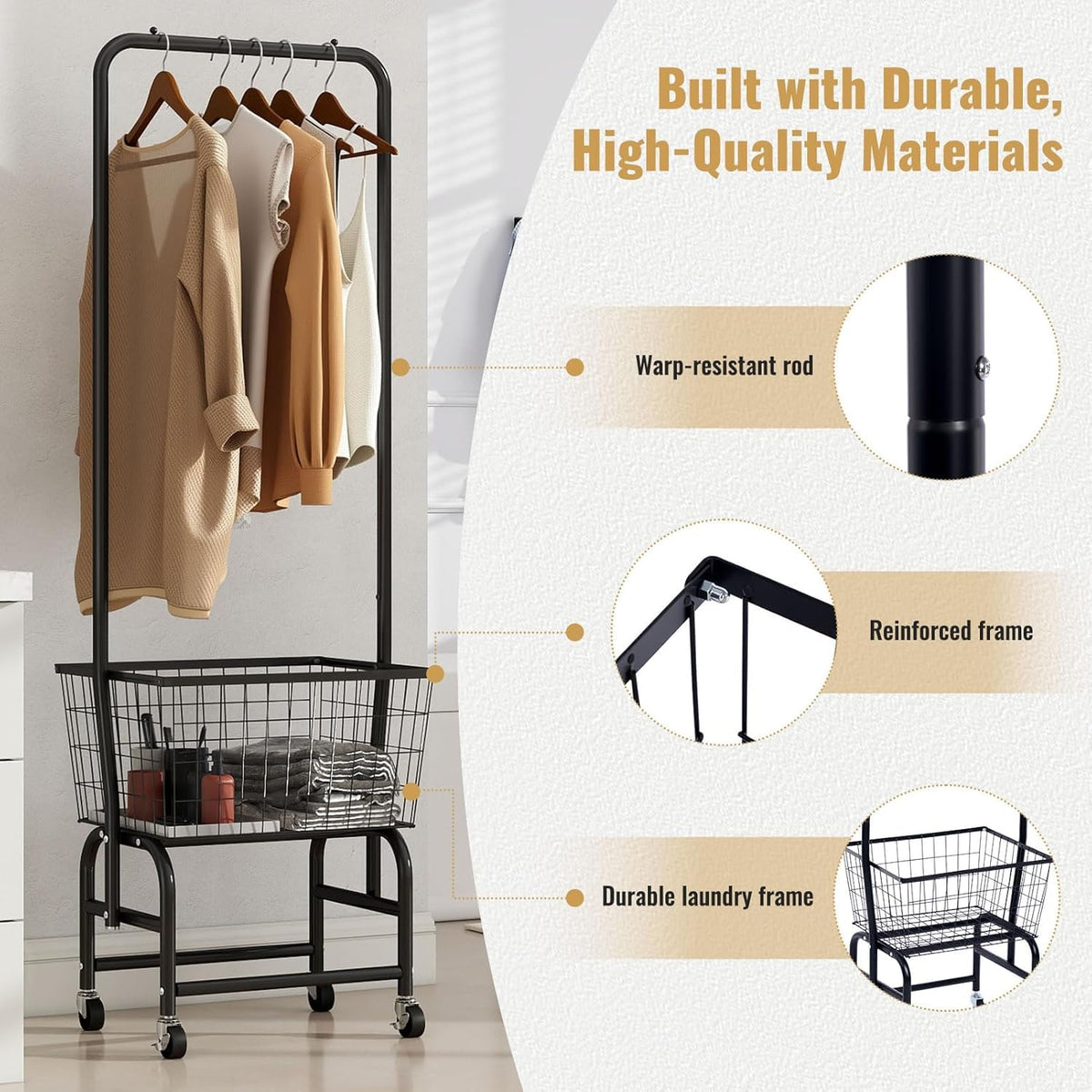 Black Rolling Laundry Cart with Hanging Rack P4558