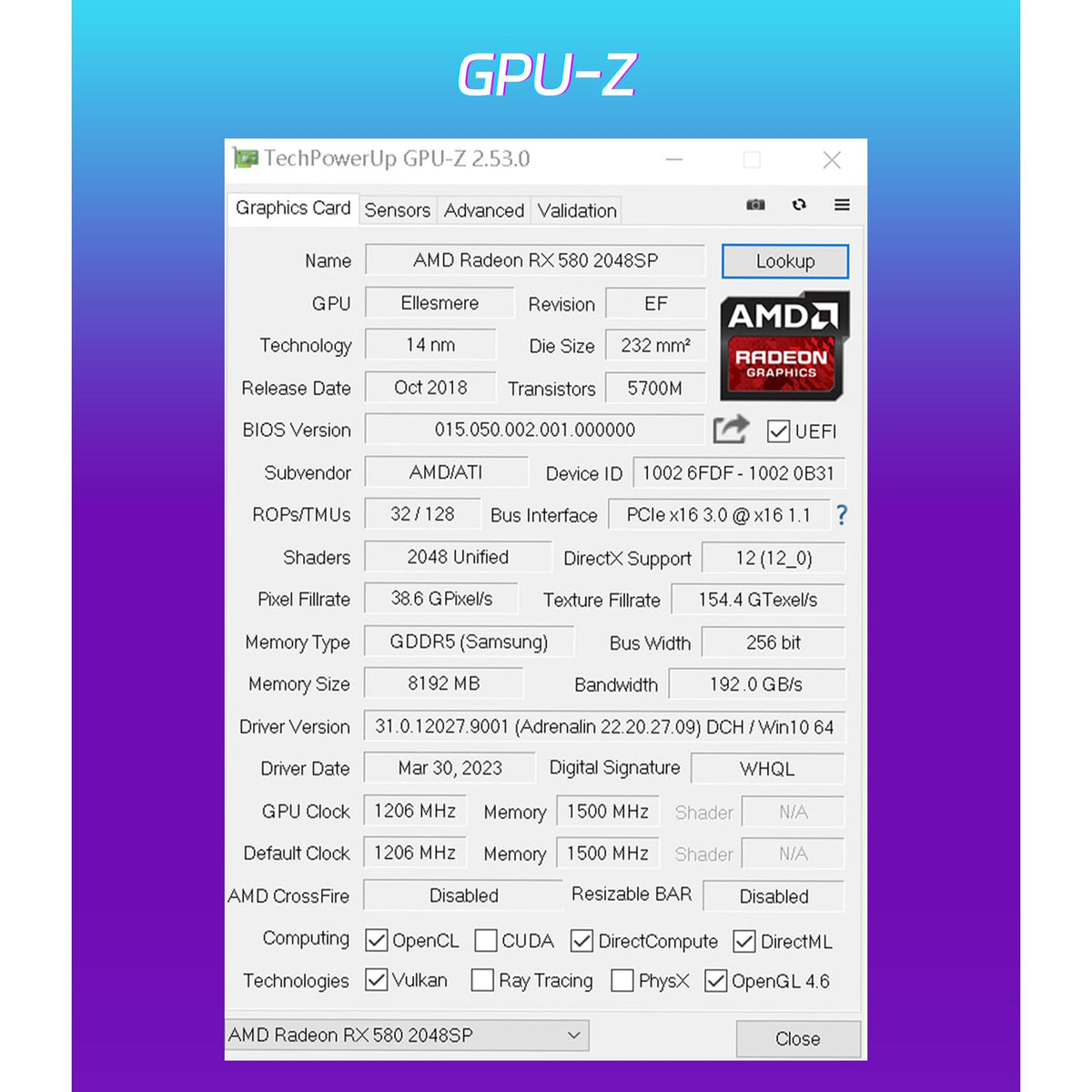 Radeon RX 580 8GB GDDR5 Gaming Graphics Card K299651