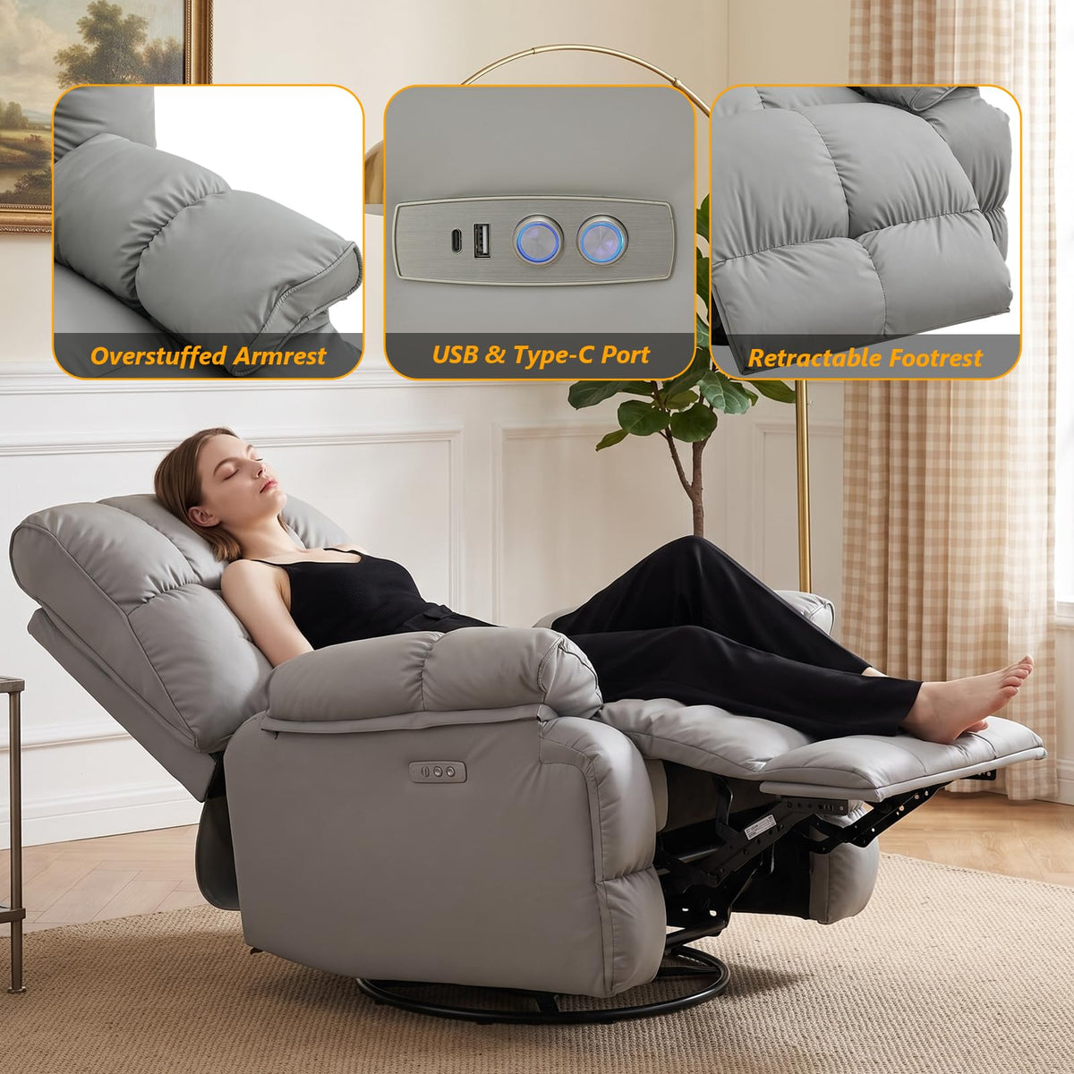 Oversized Gray Leather Power Swivel Rocker Recliner A9302