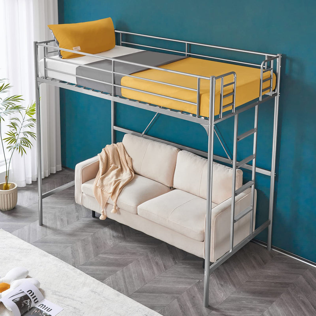 71 Inches Tall Twin Size Metal Loft Bed with Ladder and Safety Guard Rails, Gray I3849