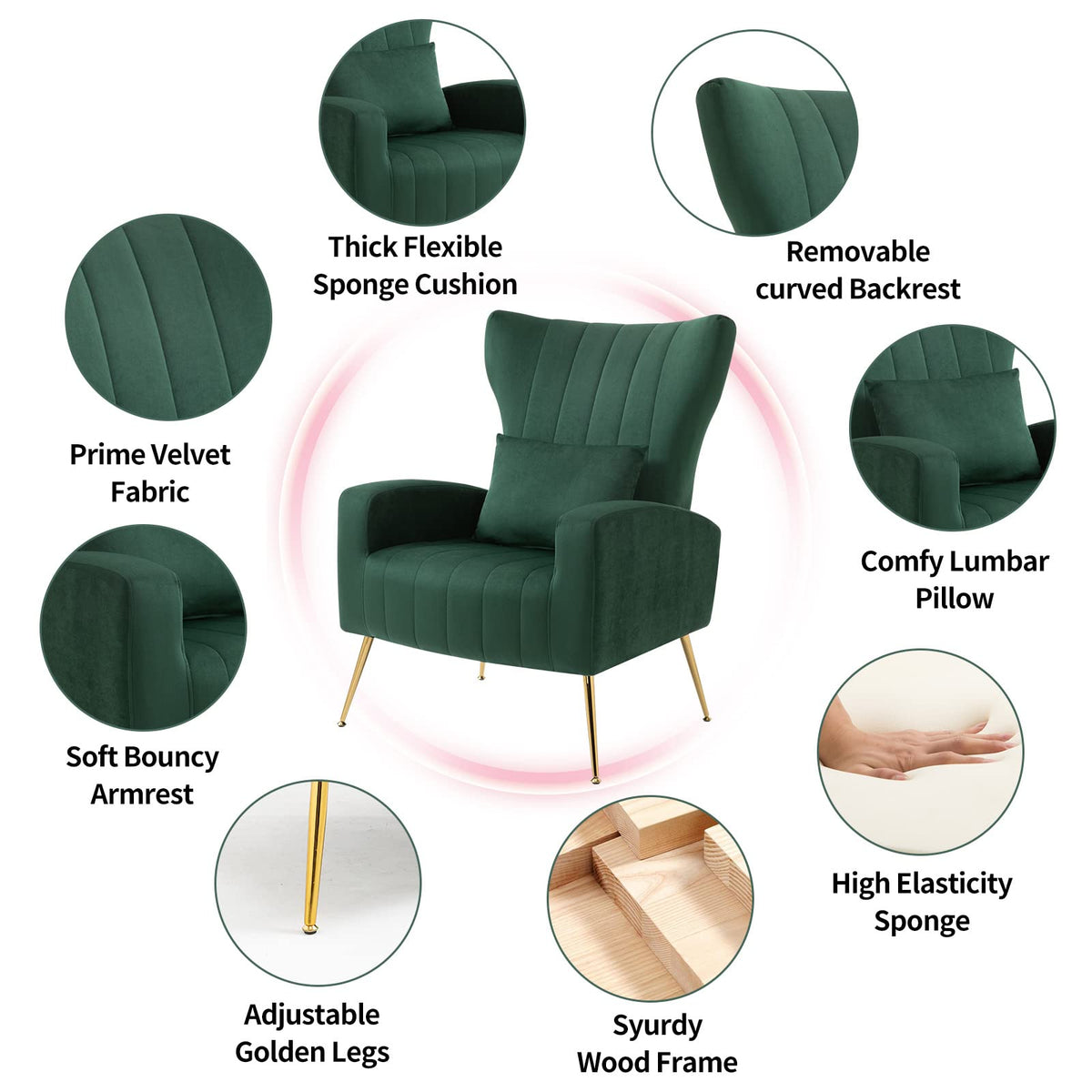 Green Velvet Accent Chairs Set of 2 with Lumbar Pillow I851