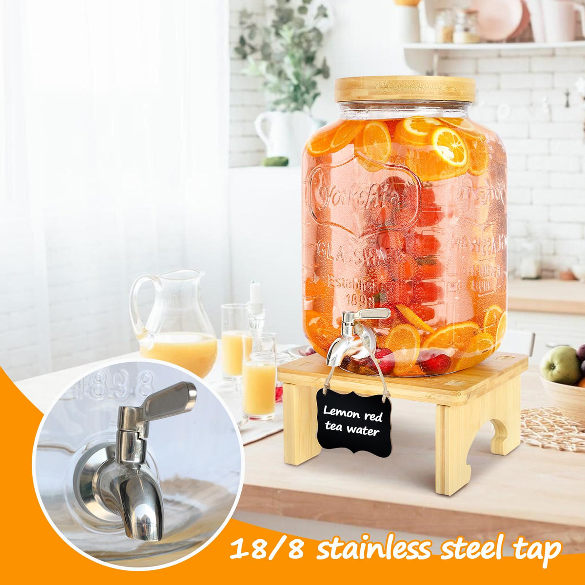 2 Gallon Glass Beverage Dispenser with Wood Stand G3093