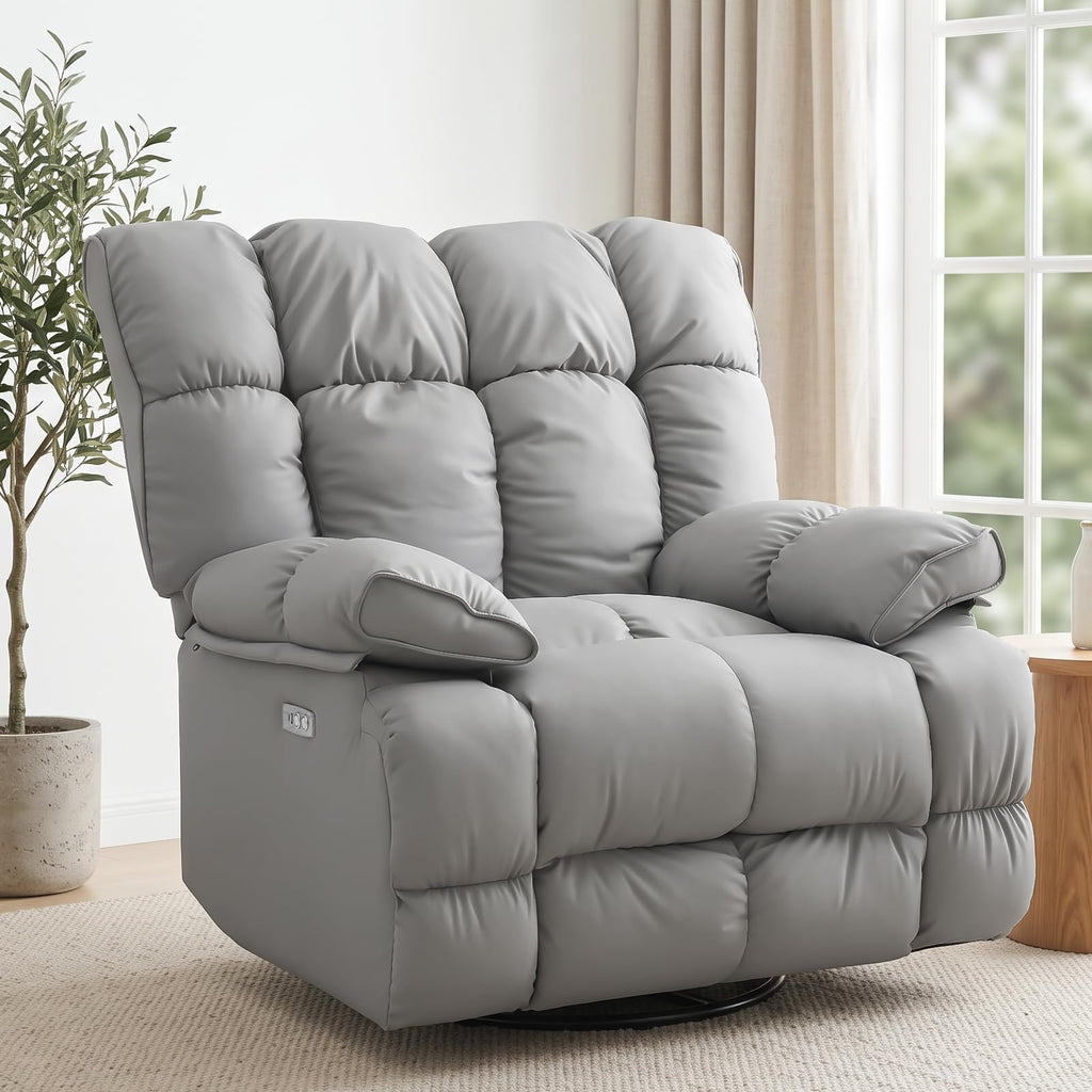 Oversized Gray Leather Power Swivel Rocker Recliner A9302