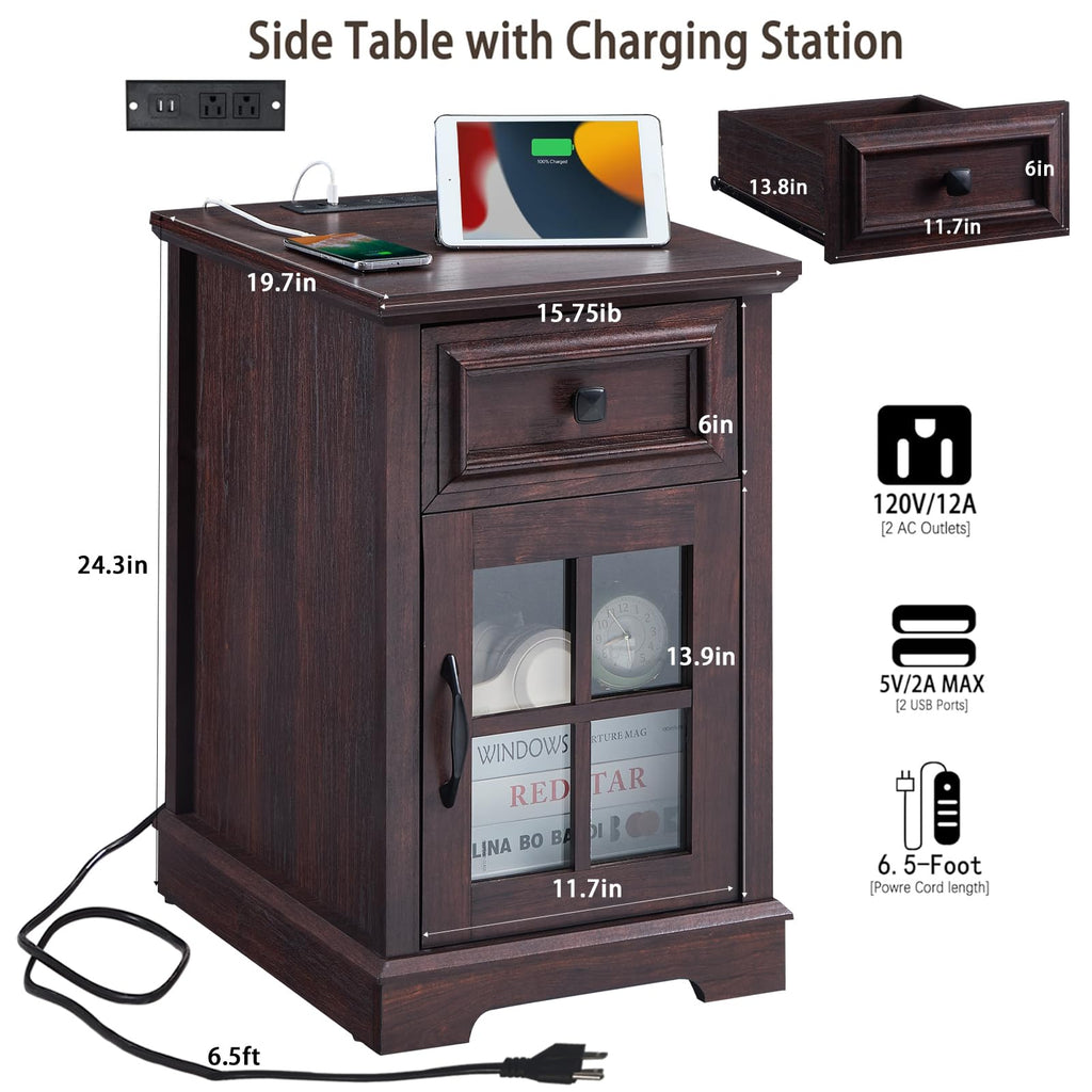 Cherry Side Table with Charging Station M8103