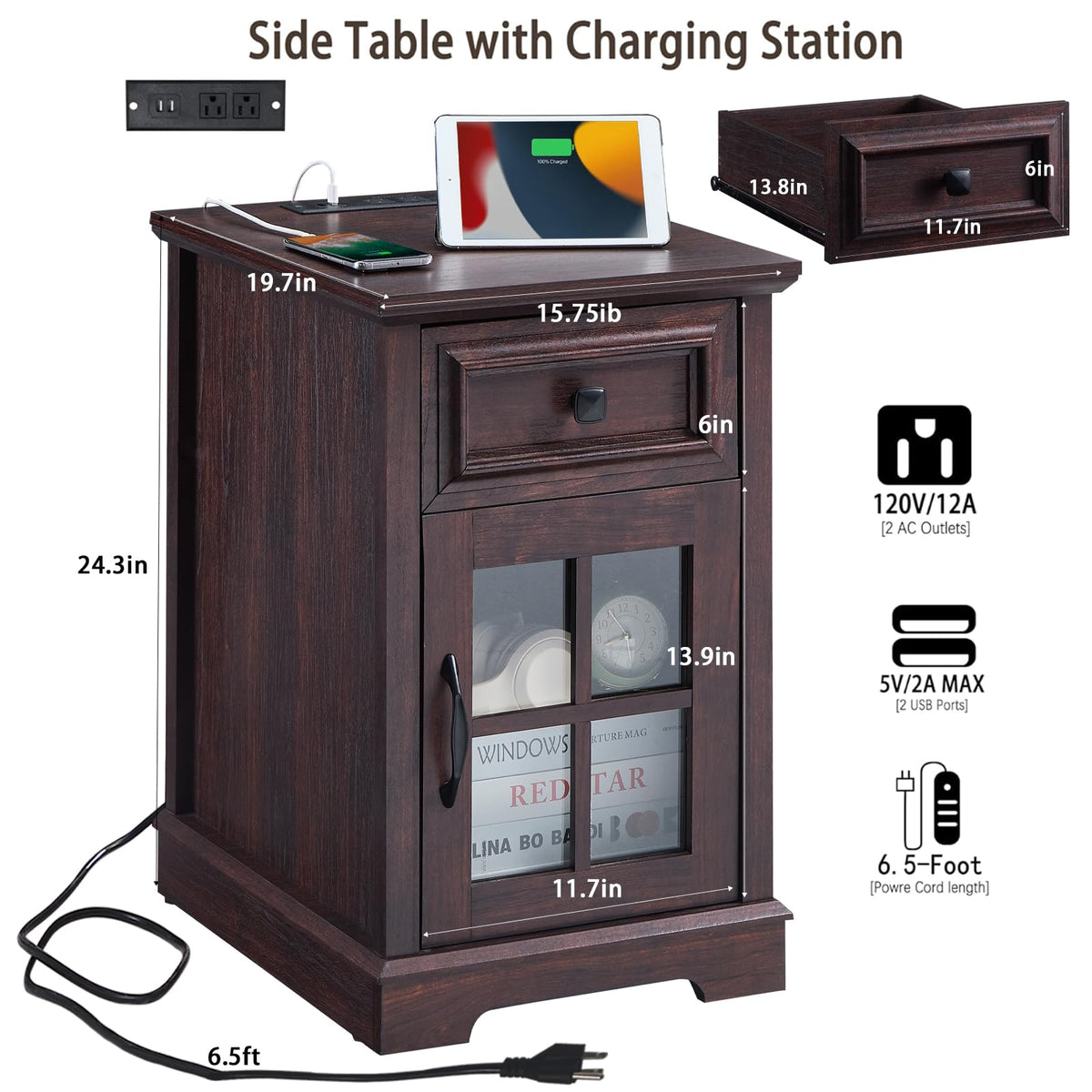 Cherry Side Table with Charging Station M8103