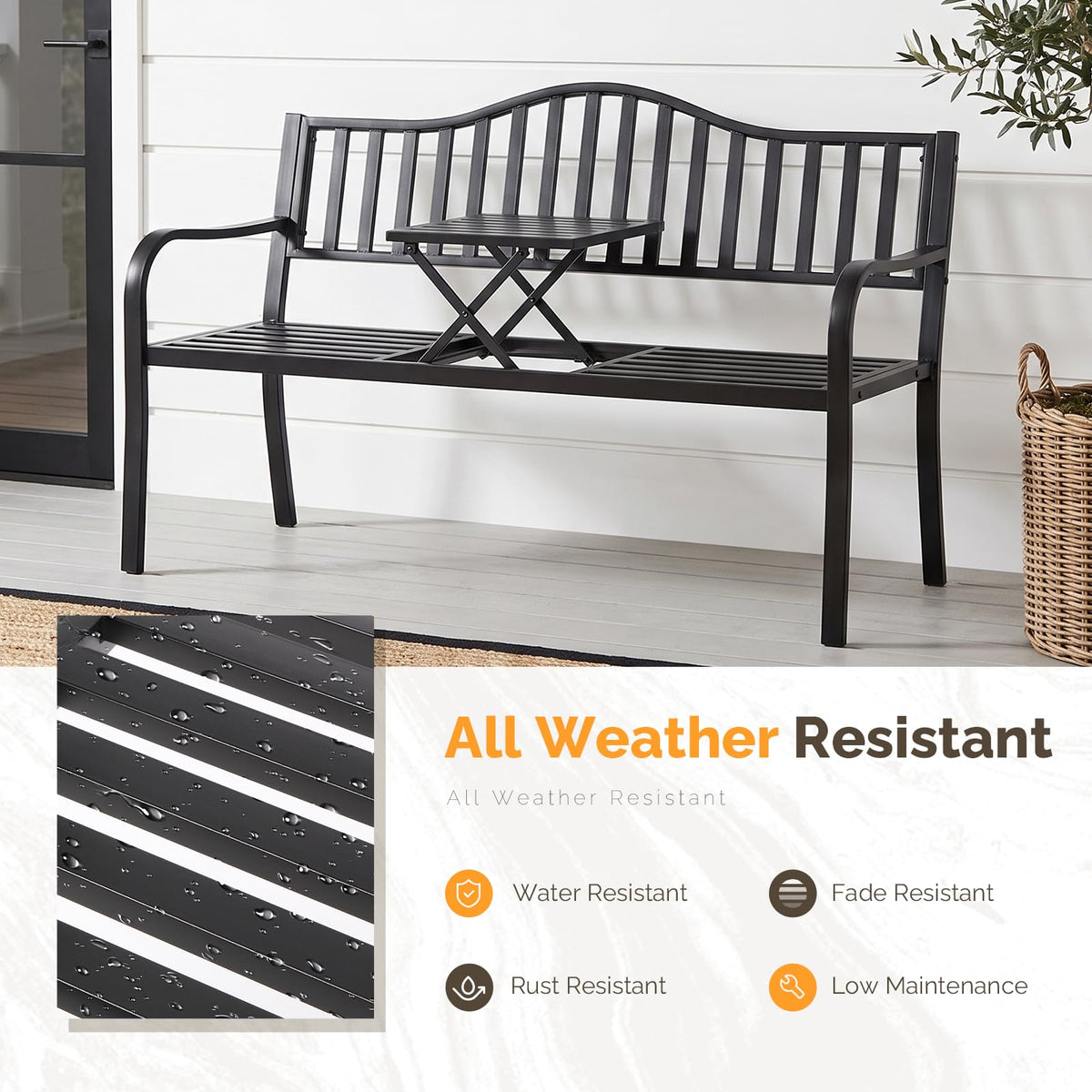 59" Outdoor Metal Bench with Built in Table Y80058