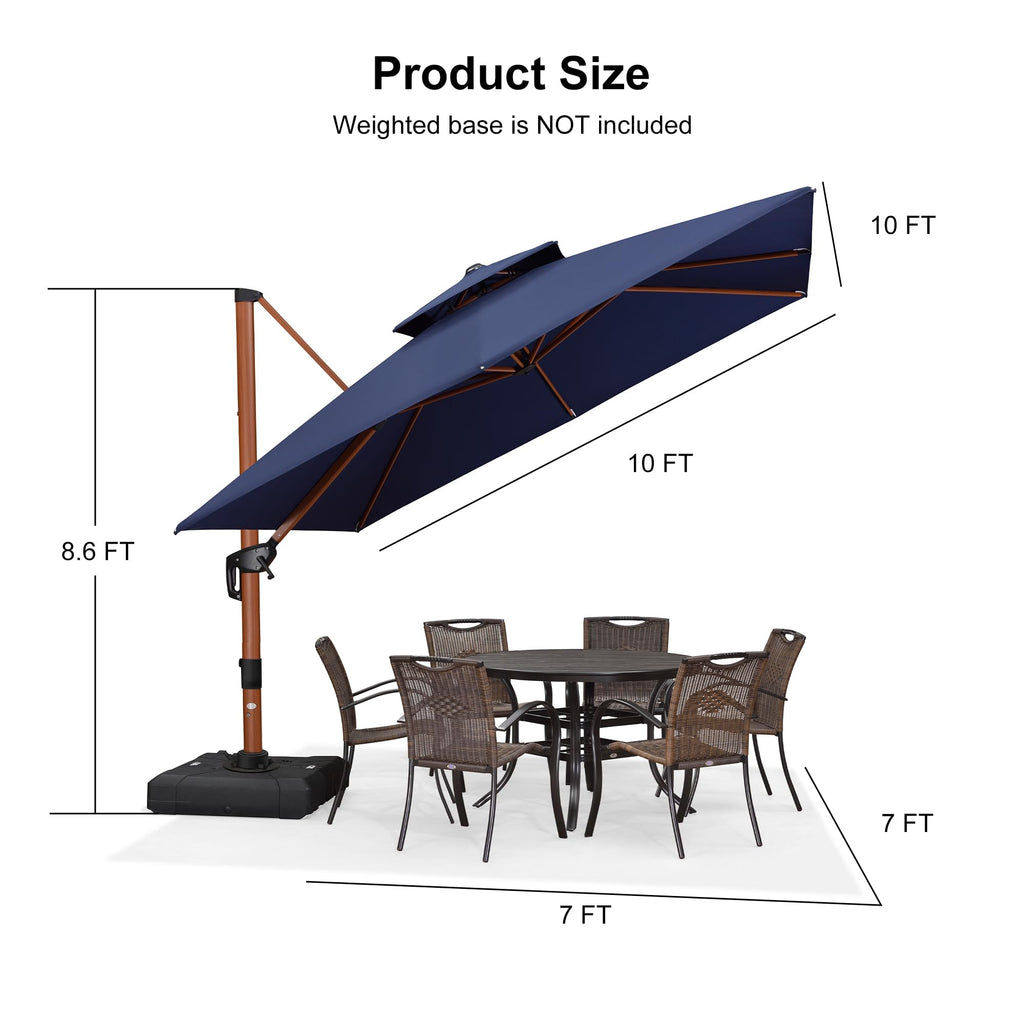 10ft Double Top Wood-Grain Finish Navy Blue Patio Umbrella U583