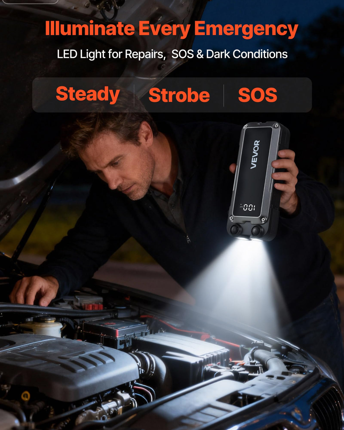 4000A Peak 12V Portable Lithium Jump Starter with Flashlight and Jumper Cable D6743