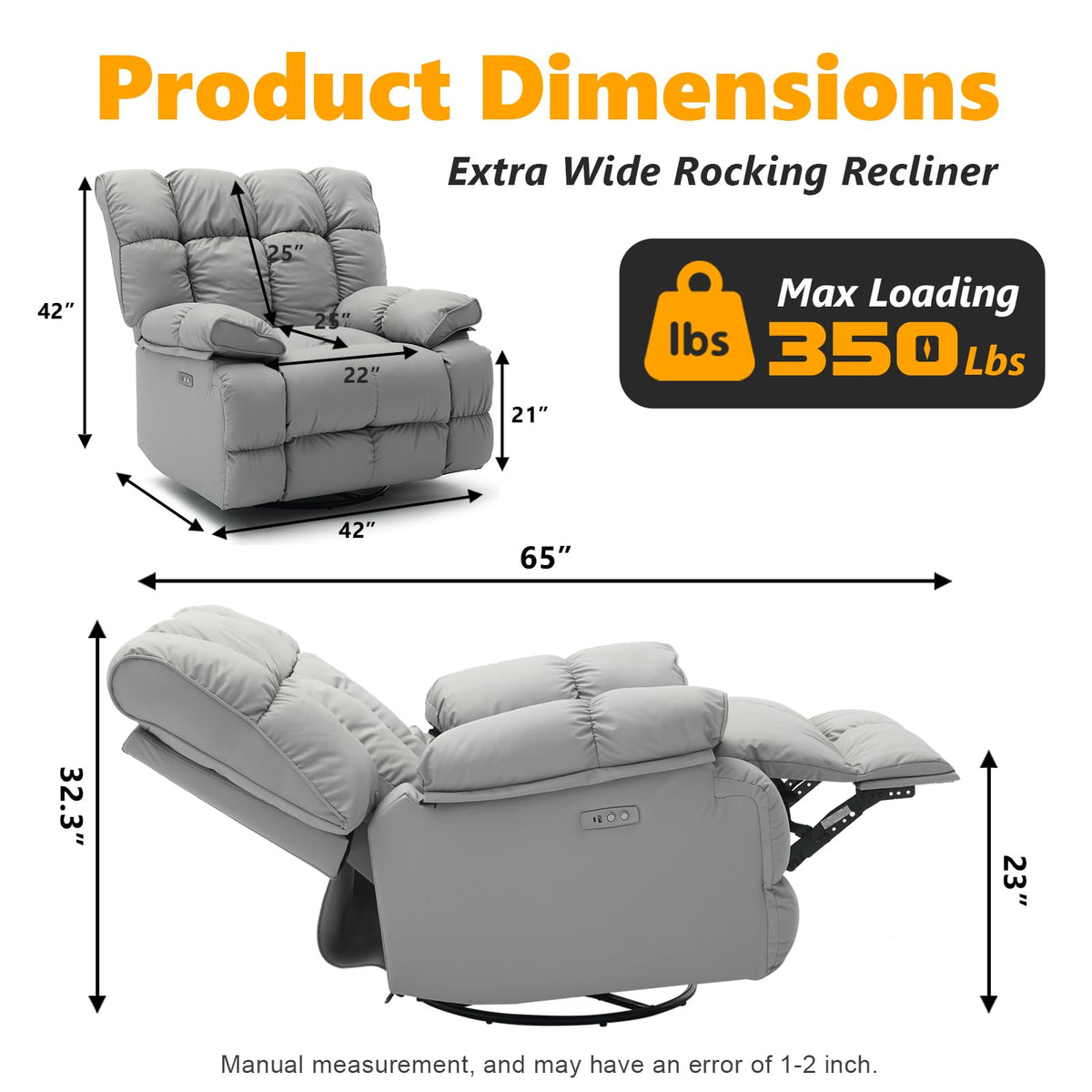 Oversized Gray Leather Power Swivel Rocker Recliner A9302