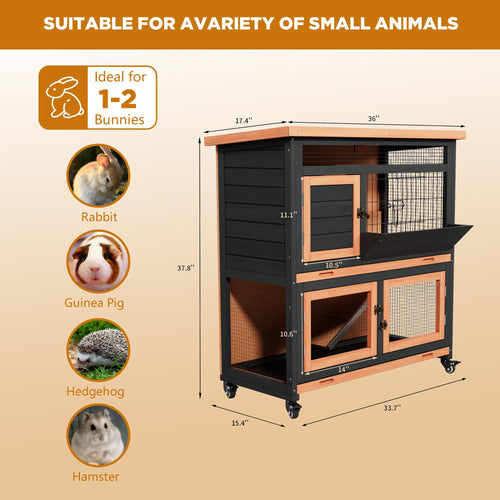 2-Tier Wooden Rabbit Hutch with Wheels B26290