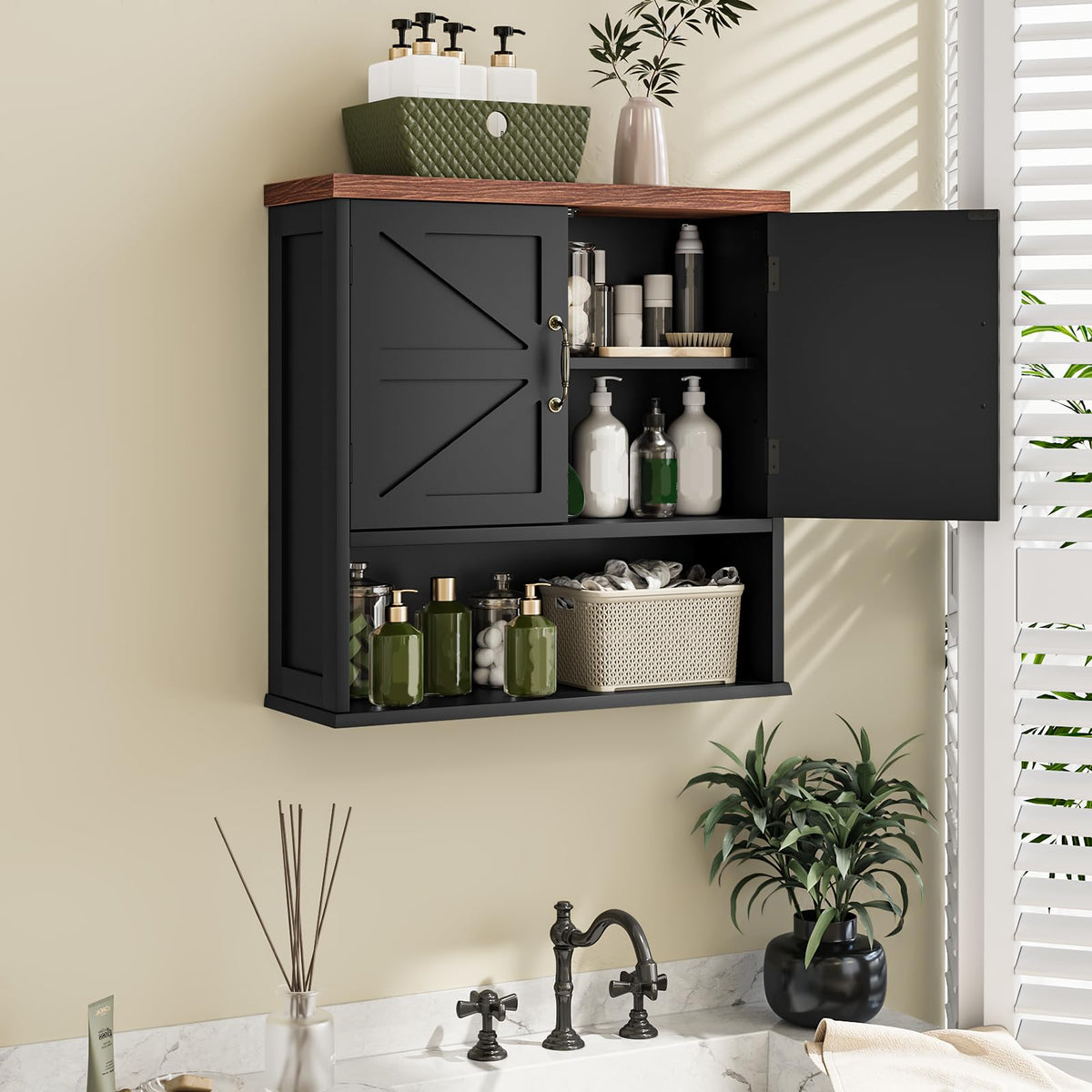 Black Wall Mounted Bathroom Cabinet with Adjustable Shelf V78068