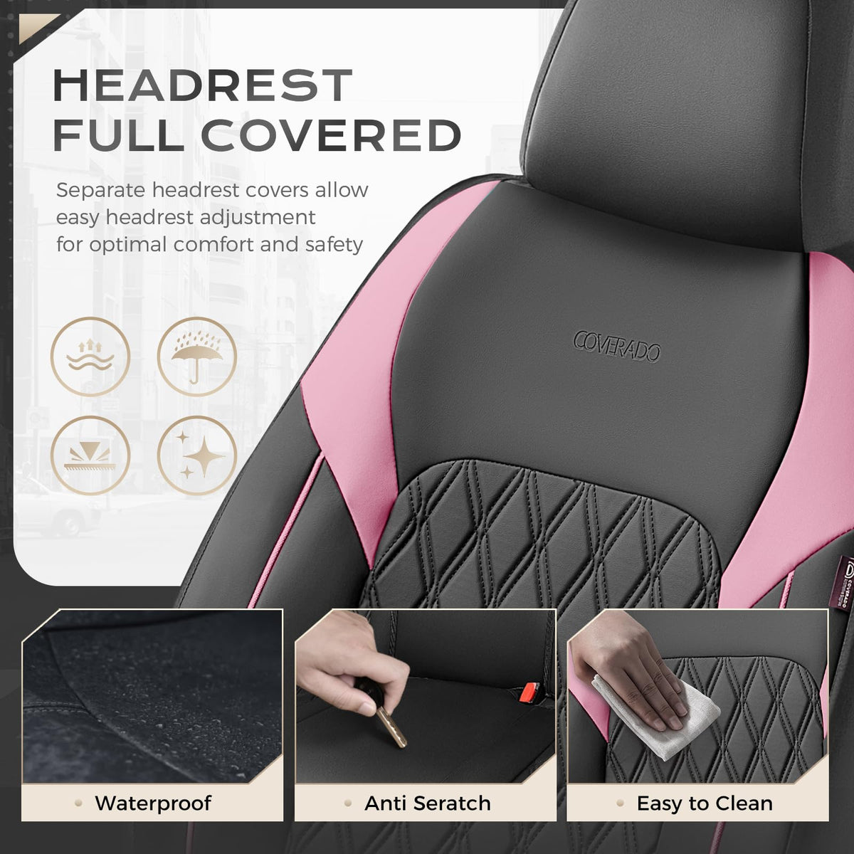 Black Pink Faux Leather Car Seat Covers Full Set L5466