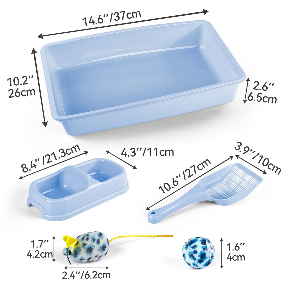 Cat Litter Box Set with Litter Scoop, Double Dish Cat Bowl, Mouse and Ball Toy X17128