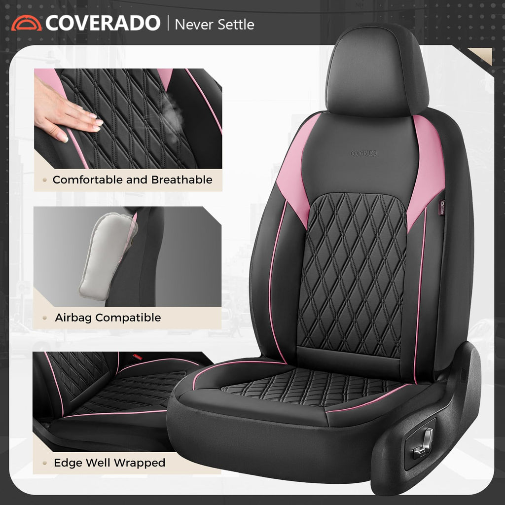 Black Pink Faux Leather Car Seat Covers Full Set L5466
