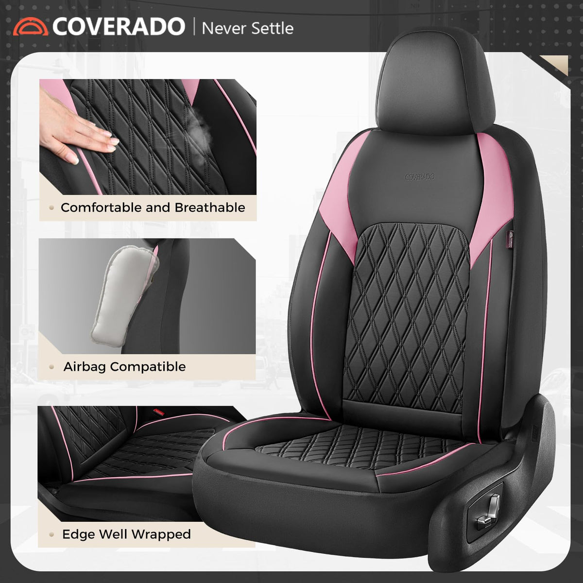Black Pink Faux Leather Car Seat Covers Full Set L5466