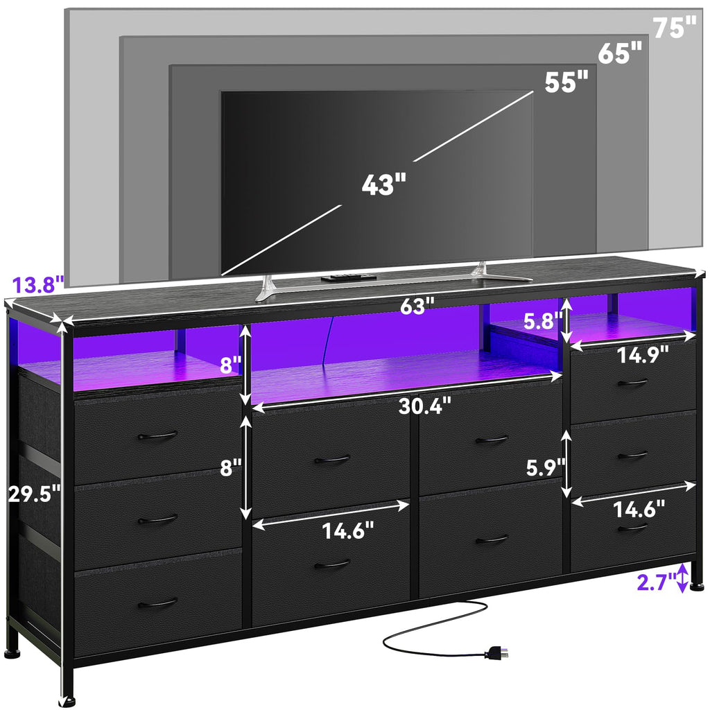 10 Drawer Dresser TV Stand with LED Lights and Power Outlets F3787