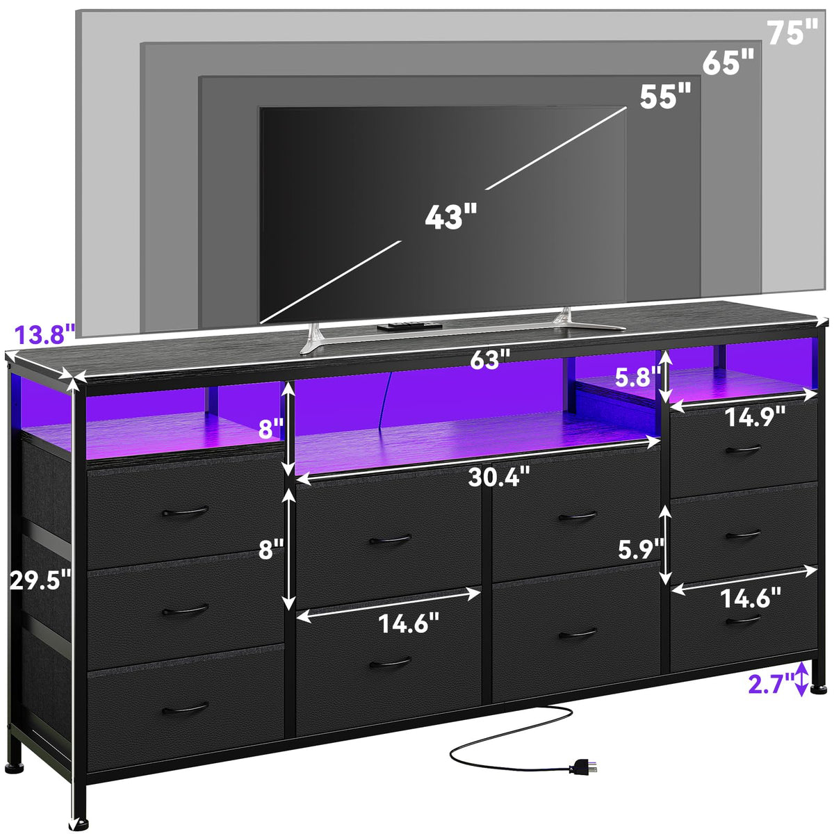 10 Drawer Dresser TV Stand with LED Lights and Power Outlets F3787