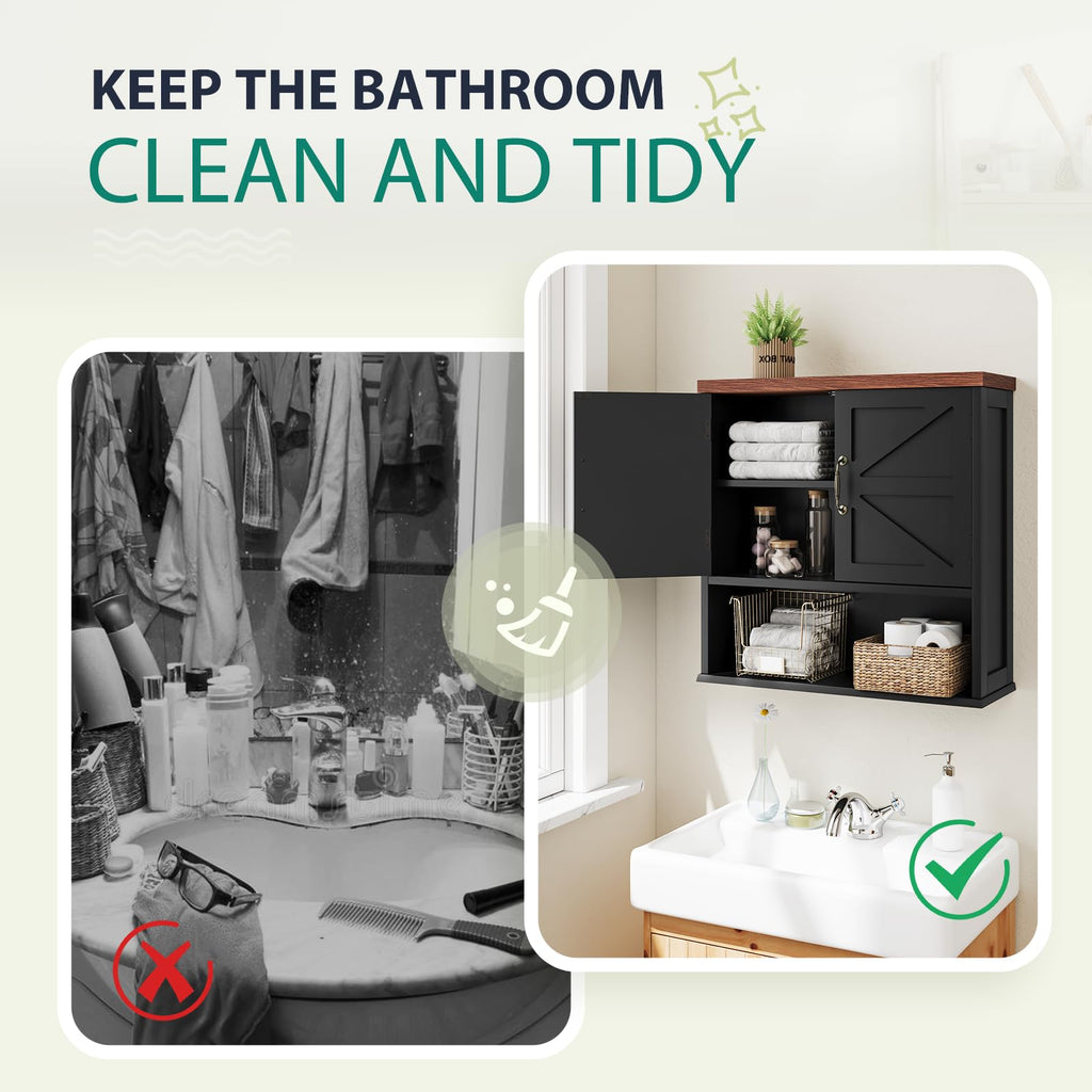 Black Wall Mounted Bathroom Cabinet with Adjustable Shelf V78068