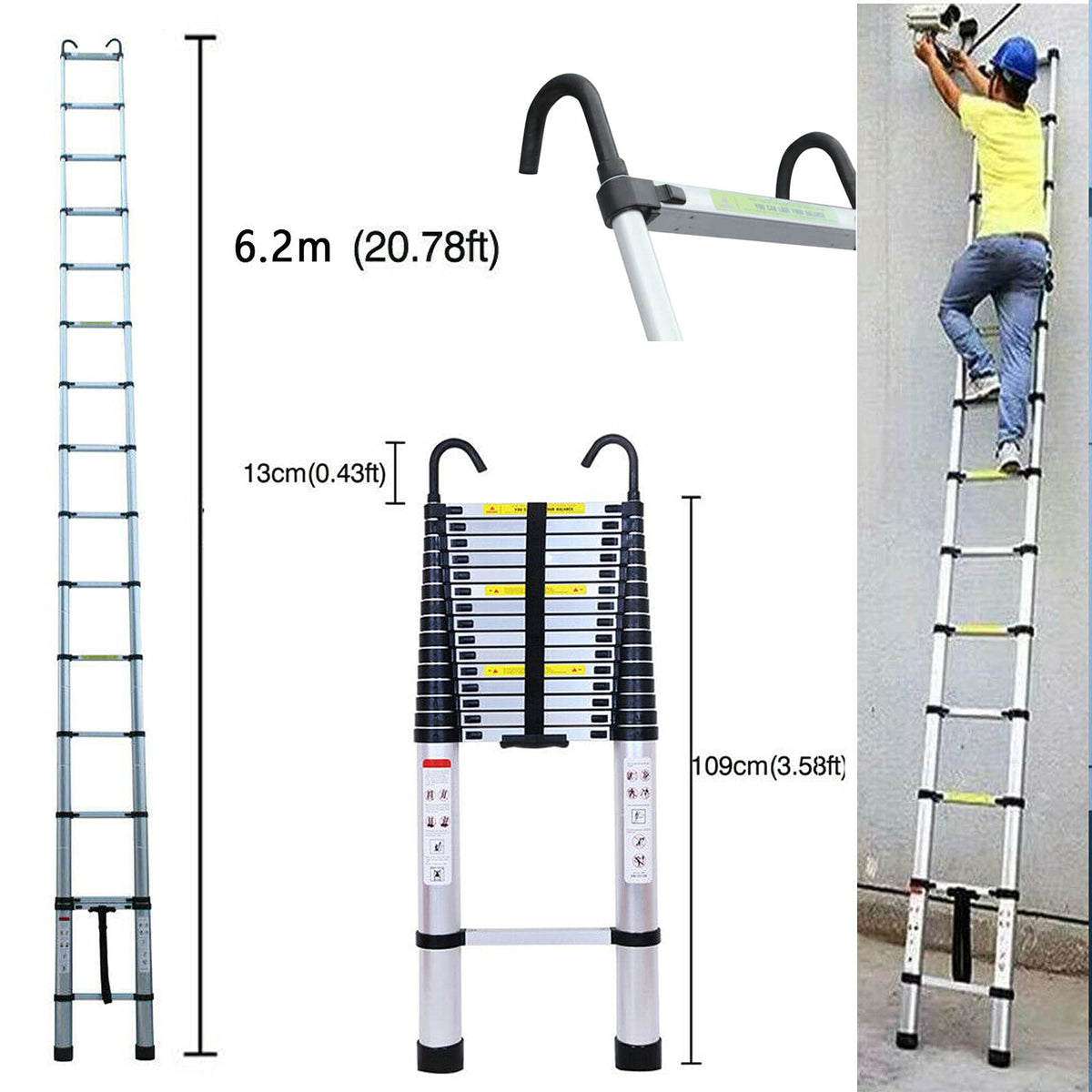20.34 ft Aluminum Telescopic Extension Ladder 330lbs J9569