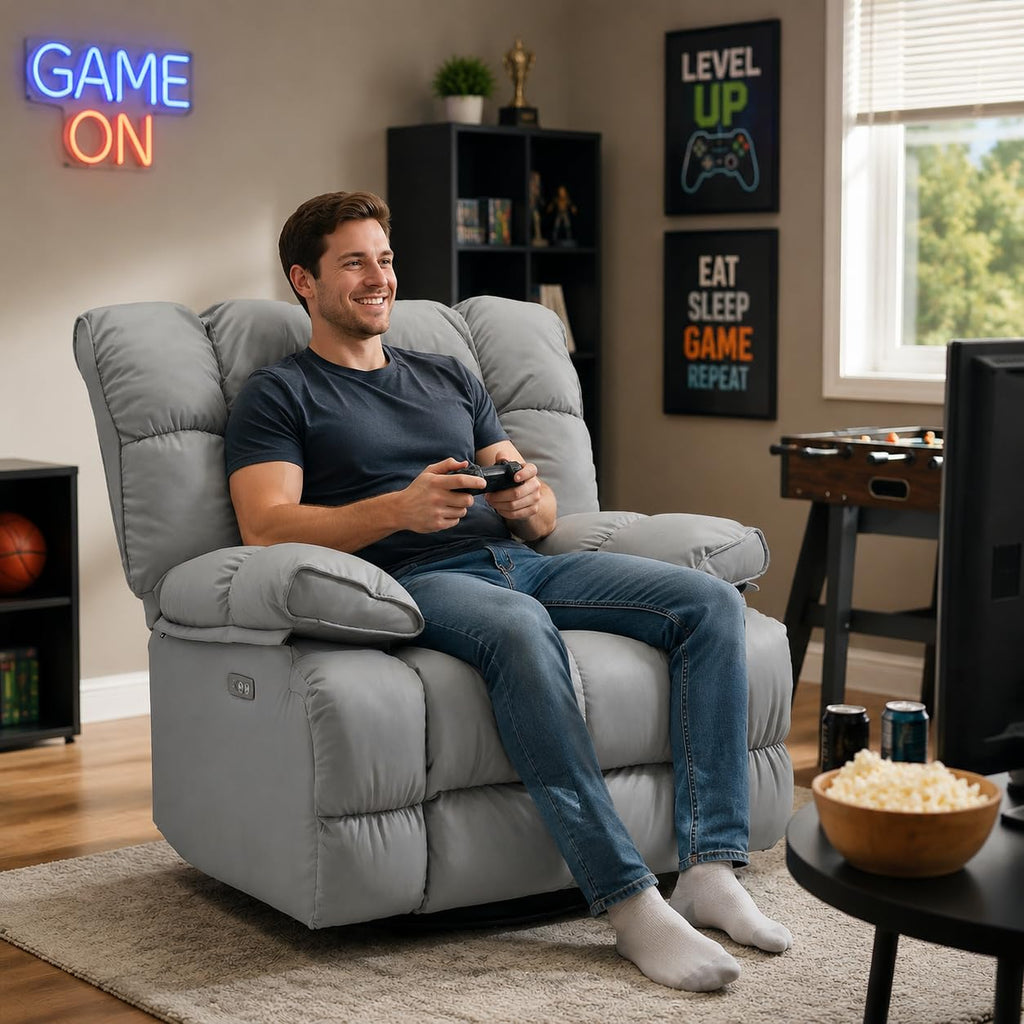 Oversized Gray Leather Power Swivel Rocker Recliner A9302