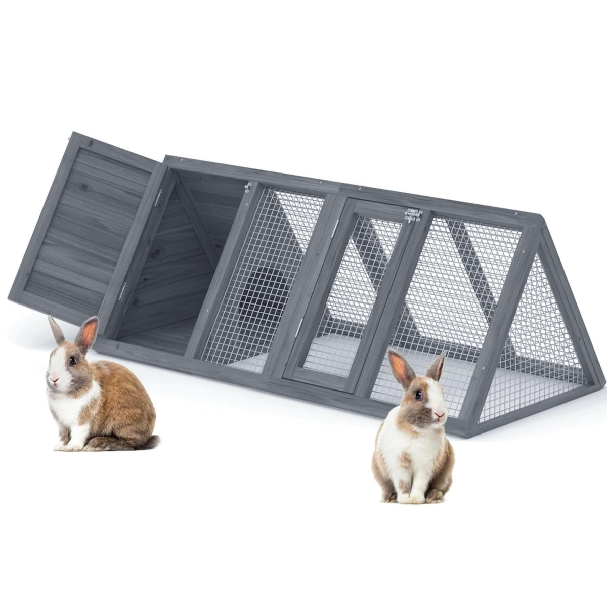 Wooden A-Frame Rabbit Hutch with Chicken Run E17837