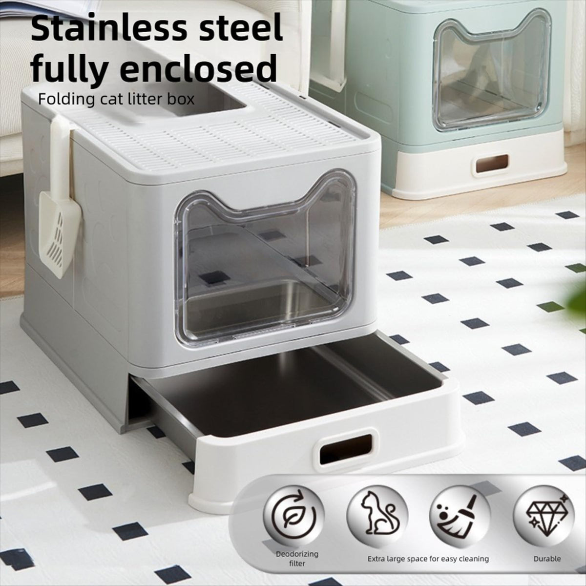 Foldable Stainless Steel Enclosed Cat Litter Box with Lid and Scoop K5359