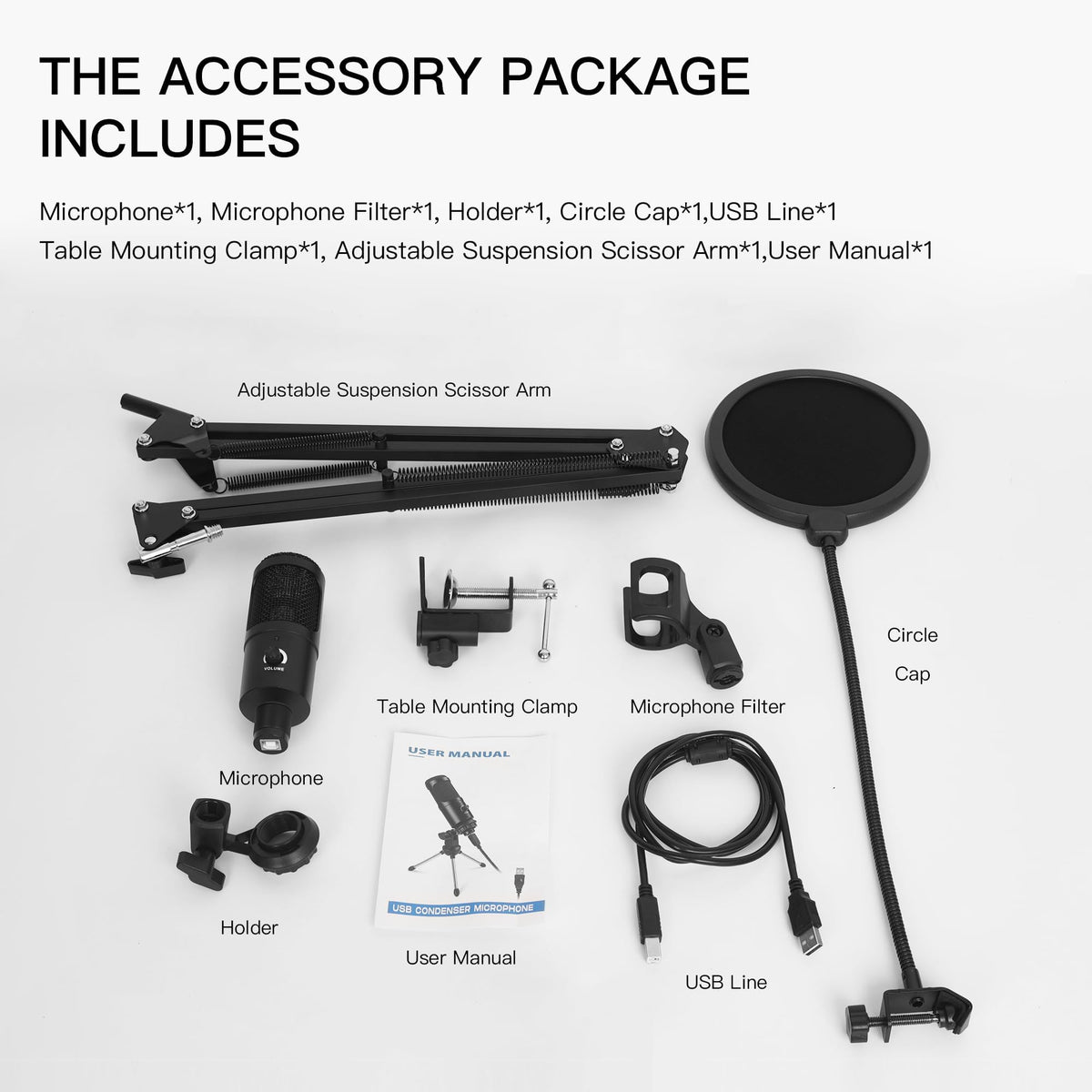 USB Condenser Microphone Kit with Scissor Arm, Shock Mount and Pop Filter L1379