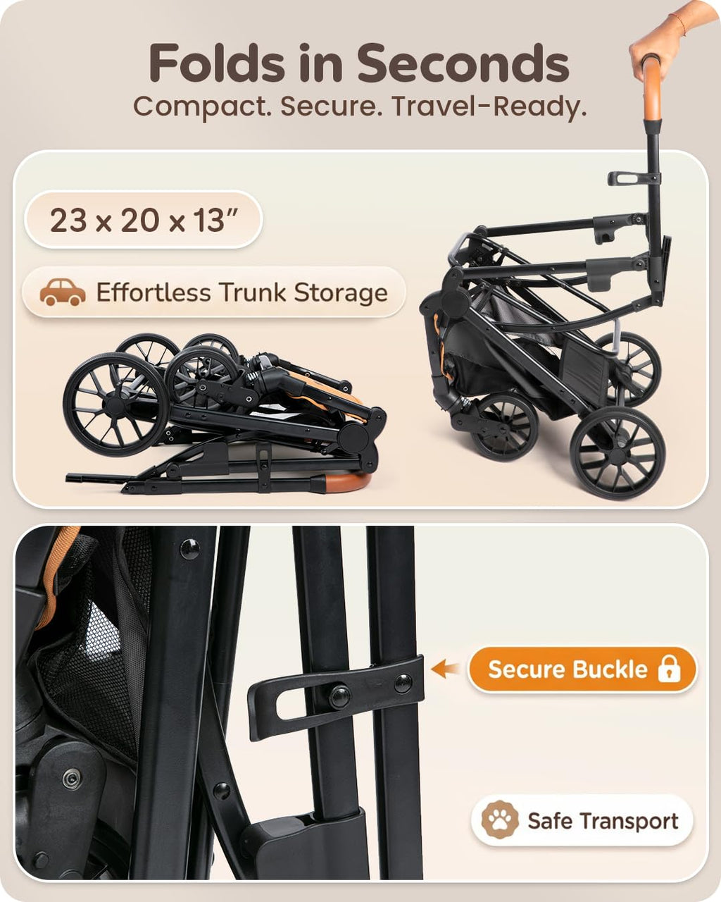 Foldable Pet Stroller with Detachable Carrier, Midnight Black D2450