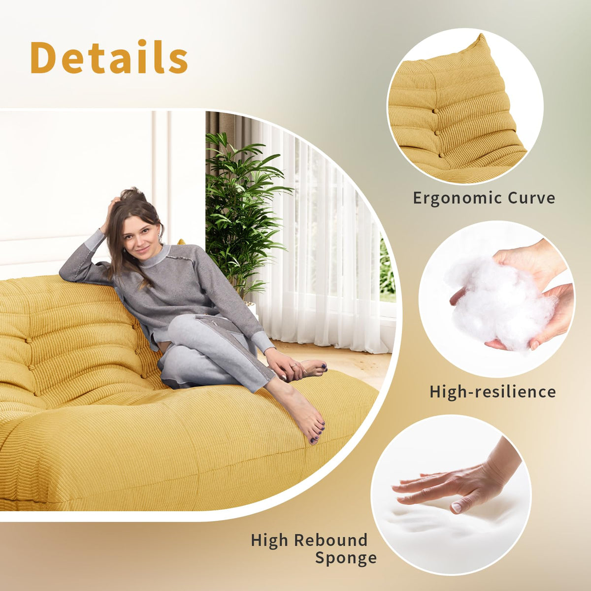 Yellow Corduroy Memory Foam Bean Bag Chair X7249
