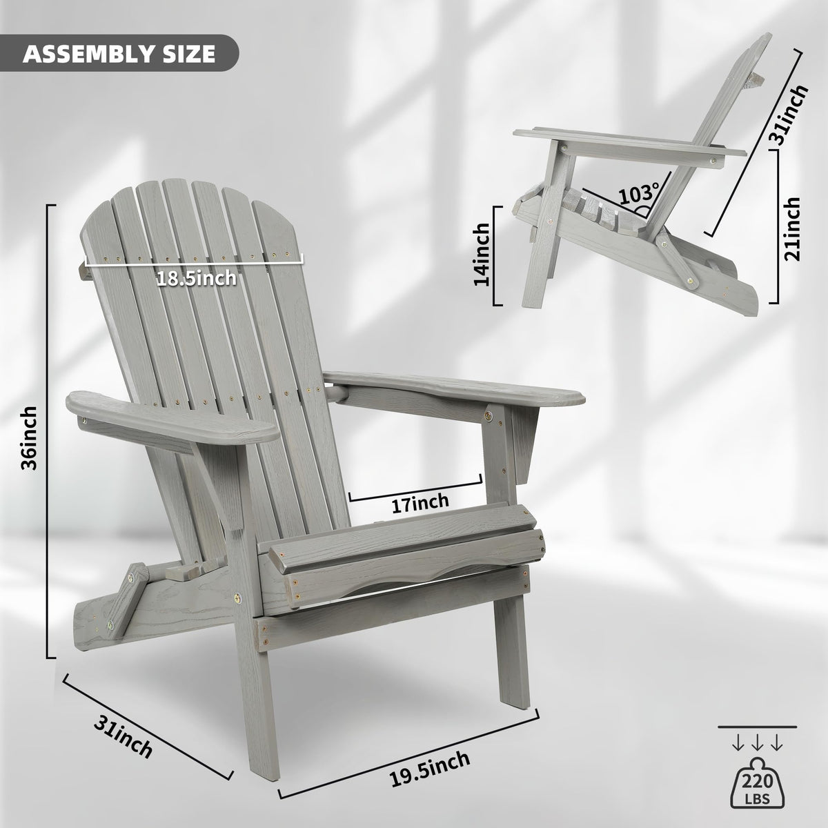 Folding Adirondack Chair Set of 2 Solid Cedar Wood Gray V55239