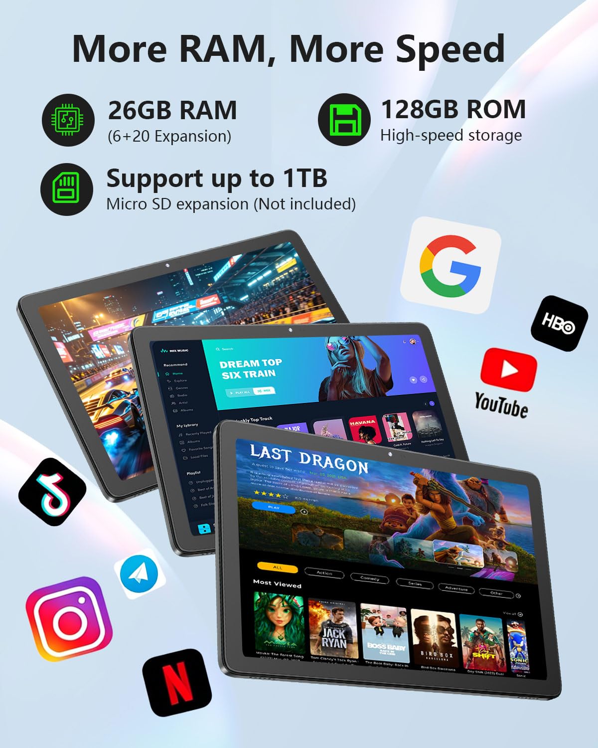 10 inch Tablet with 26GB RAM 128GB ROM 7000 mAh I3826