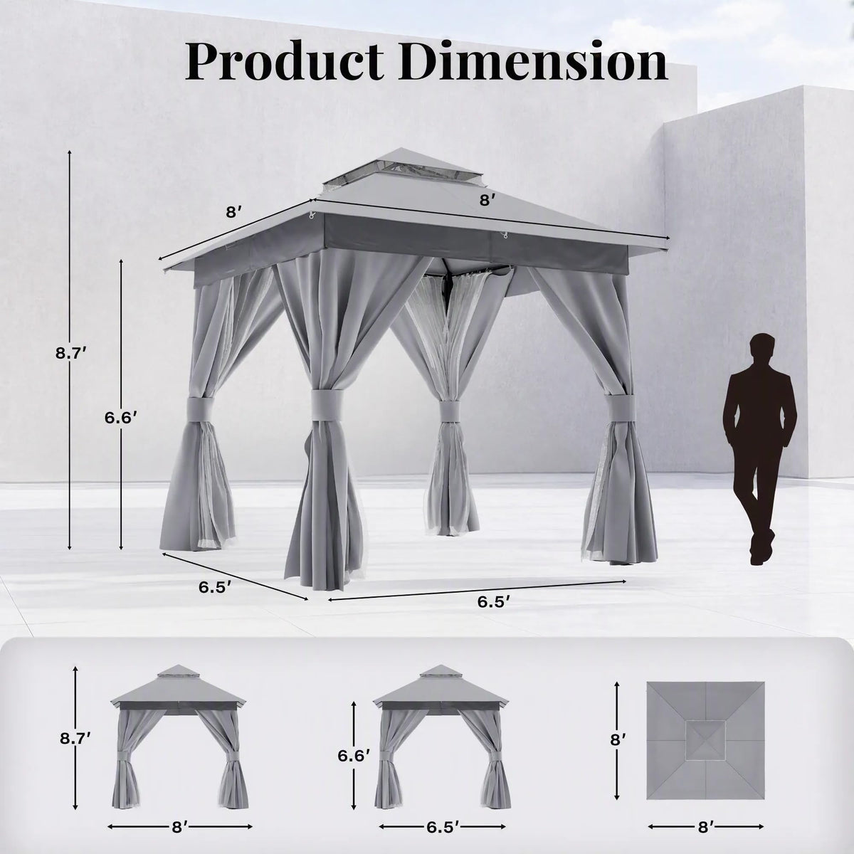 8x8 Gazebo Canopy with Netting, Curtains & Double Roof K726