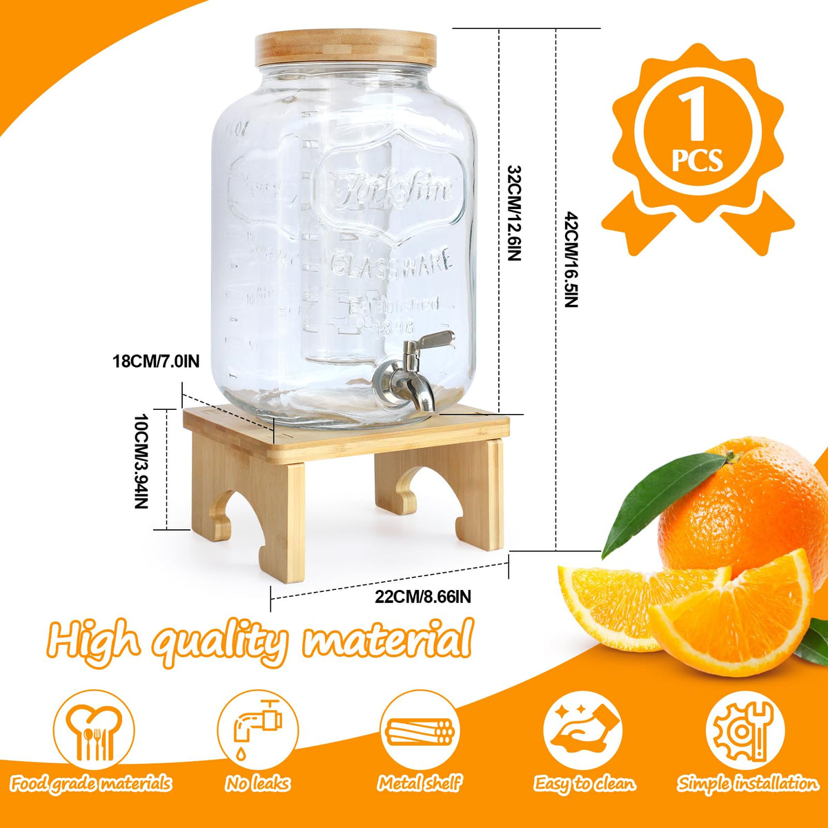 2 Gallon Glass Beverage Dispenser with Wood Stand G3093