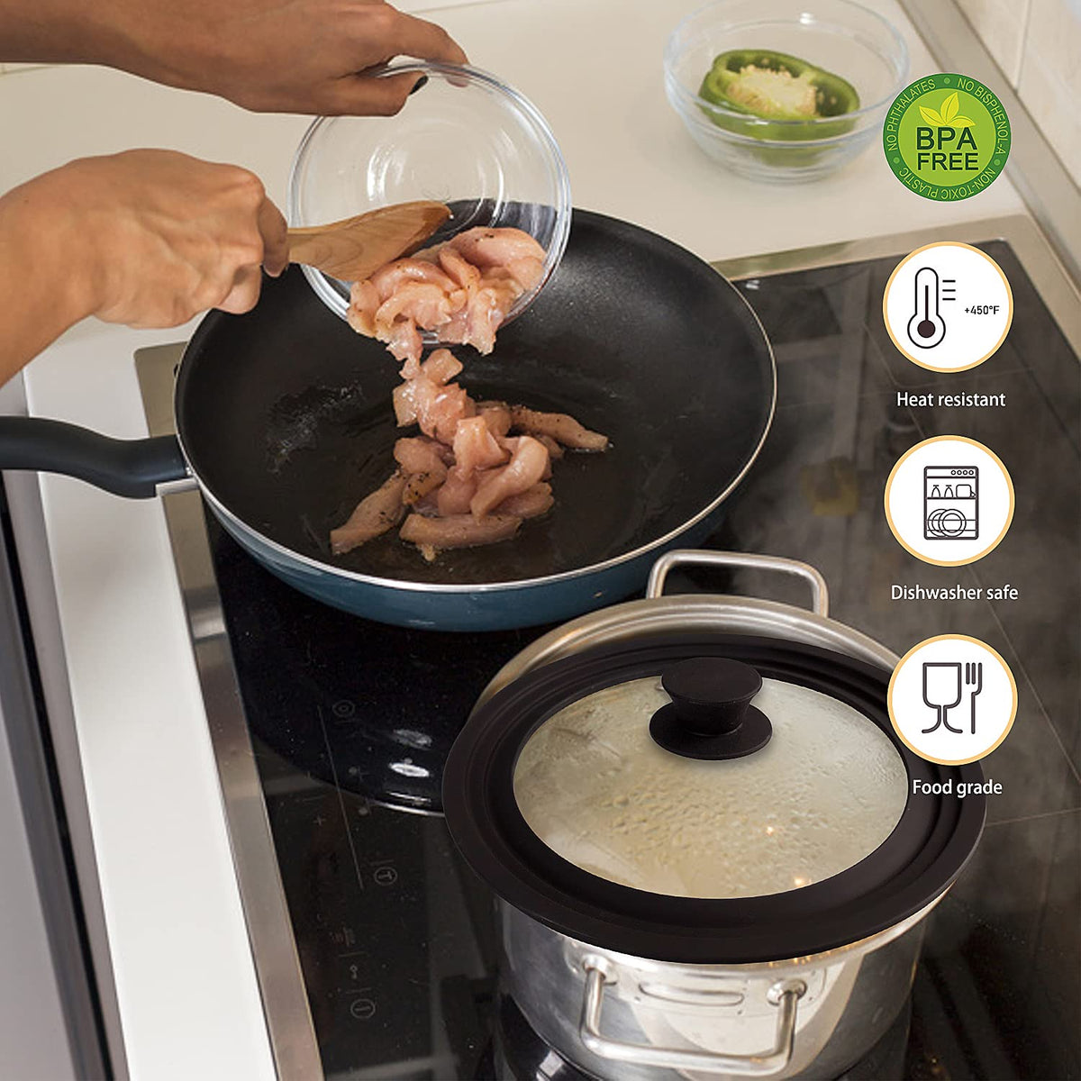 Universal Lid for Pots Pans and Skillets with Silicone Rim and Tempered Glass L6598