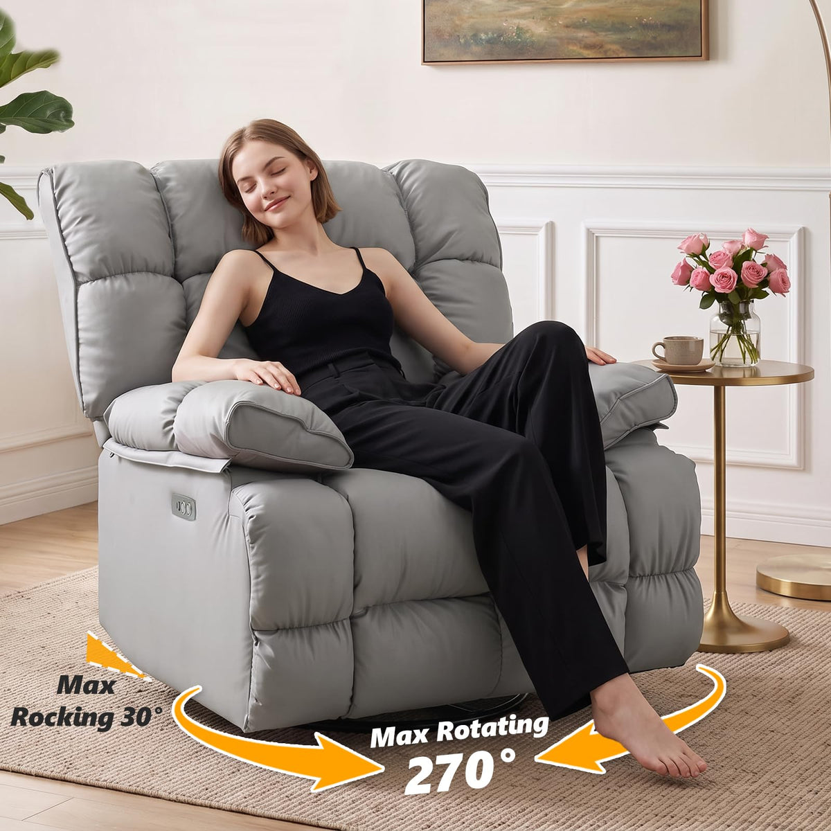 Oversized Gray Leather Power Swivel Rocker Recliner A9302