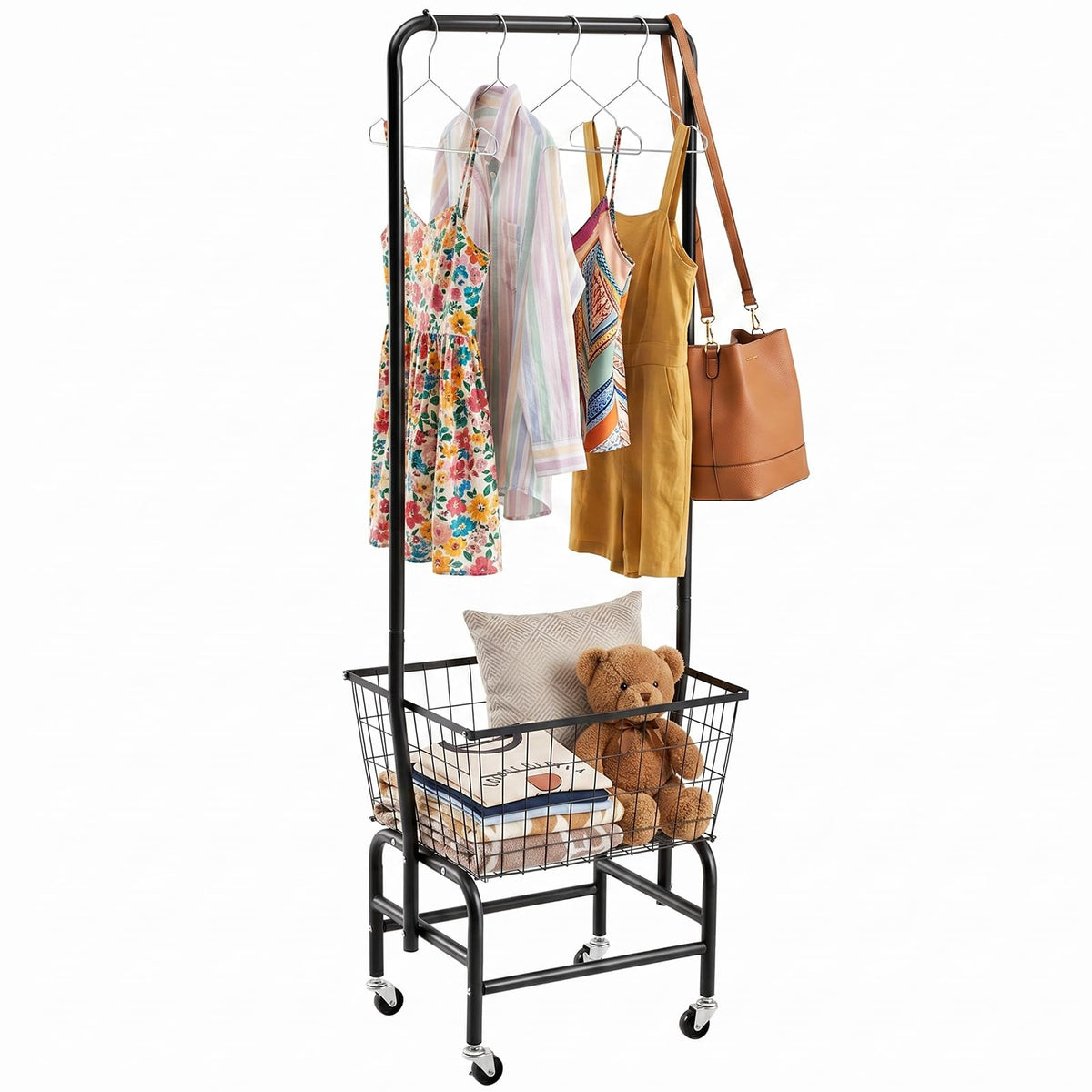 Black Rolling Laundry Cart with Hanging Rack P4558