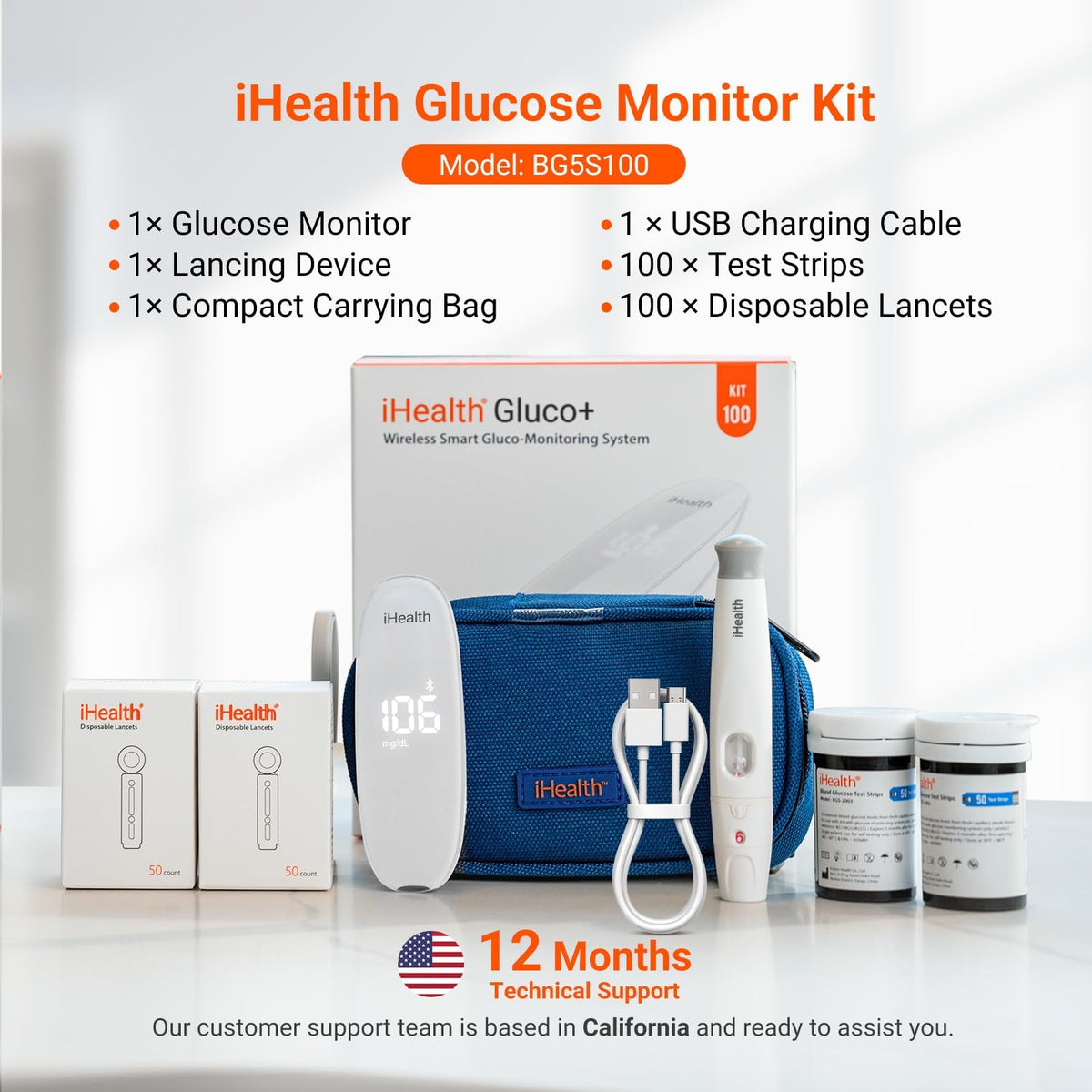 Wireless Smart Glucose Monitor Kit, 100 Strips & 100 Lancets T383