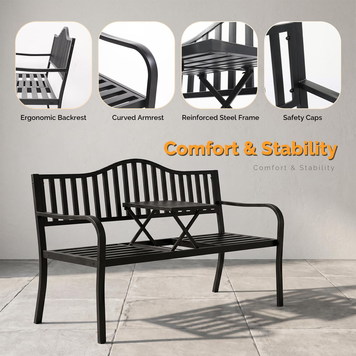 59" Outdoor Metal Bench with Built in Table Y80058
